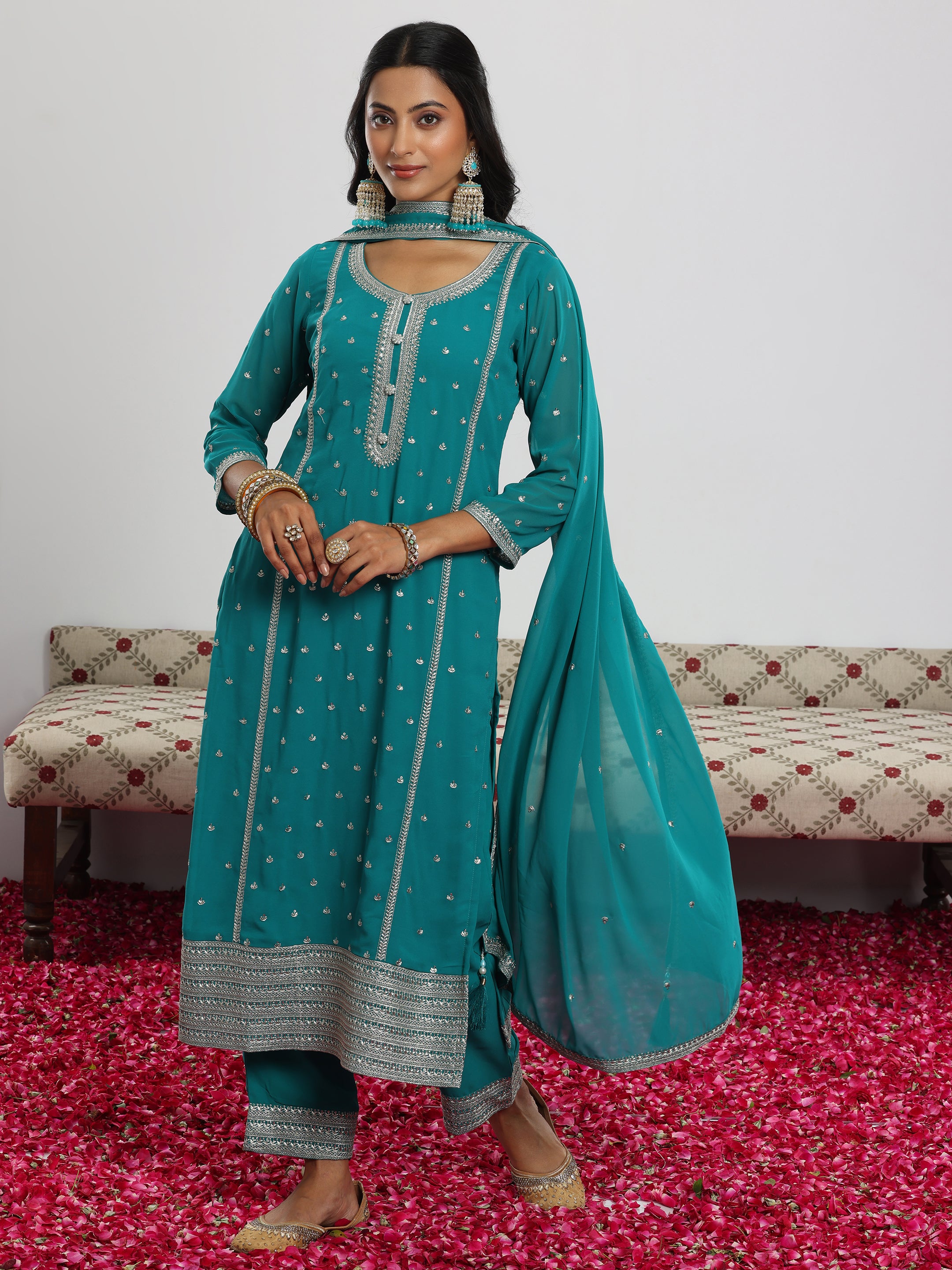 Rama Embroidered Georgette Straight Suit With Dupatta