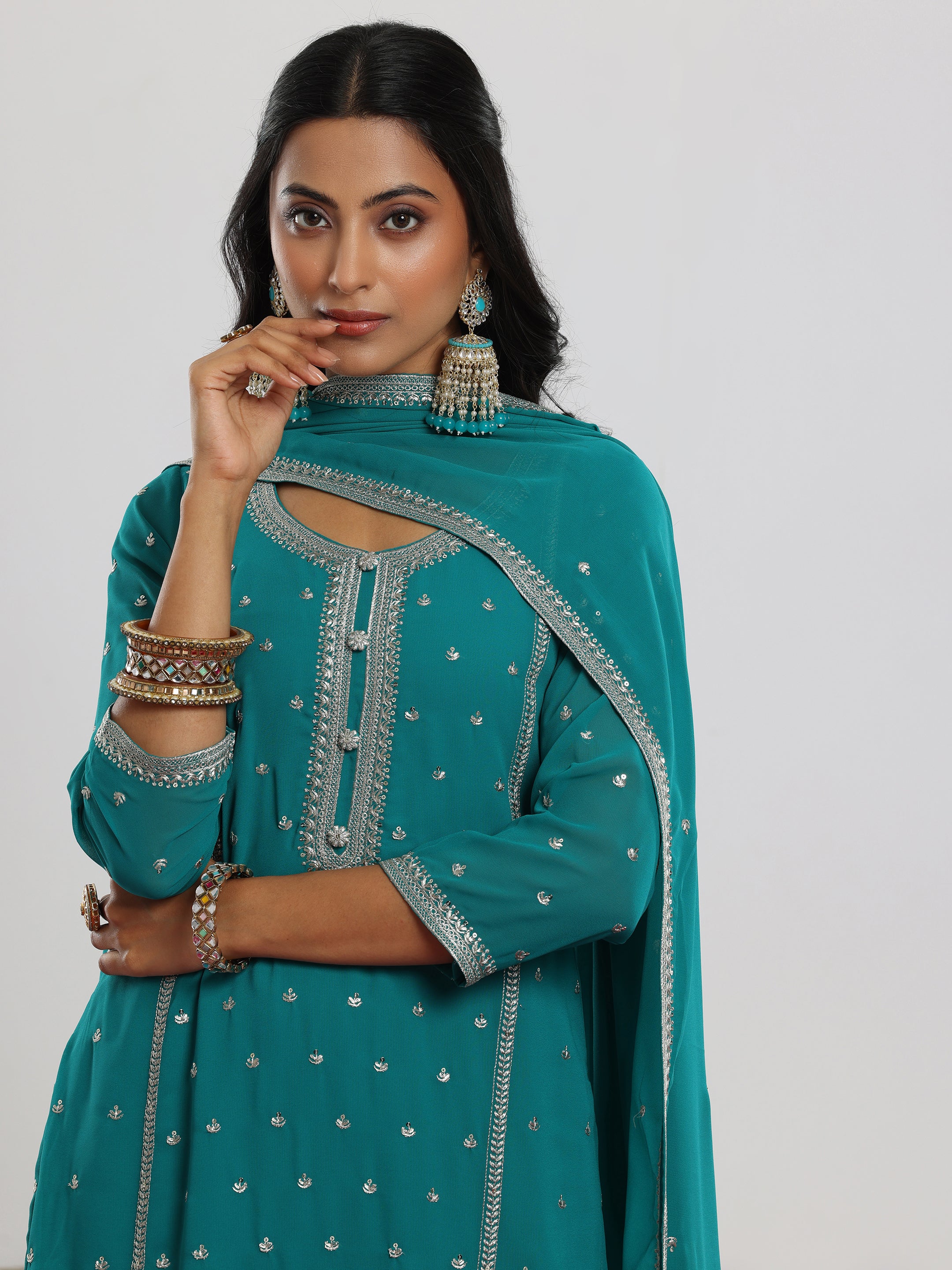 Rama Embroidered Georgette Straight Suit With Dupatta