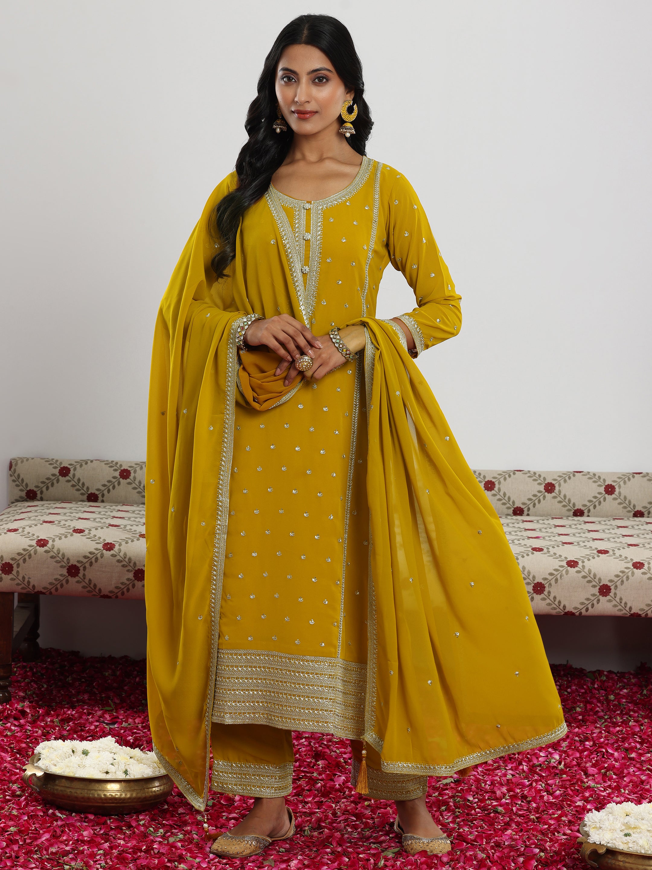 Mustard Embroidered Georgette Straight Suit With Dupatta