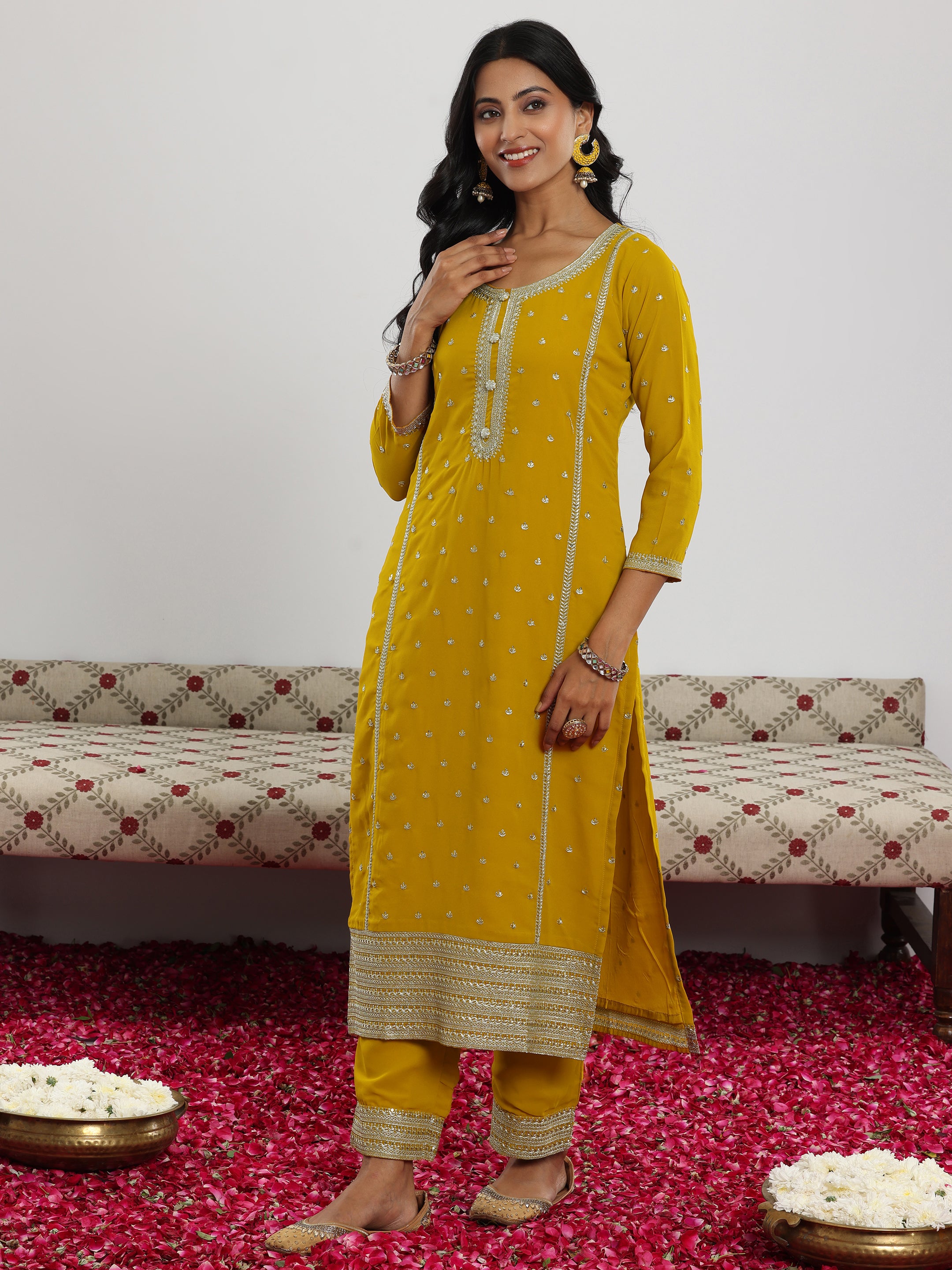 Mustard Embroidered Georgette Straight Suit With Dupatta