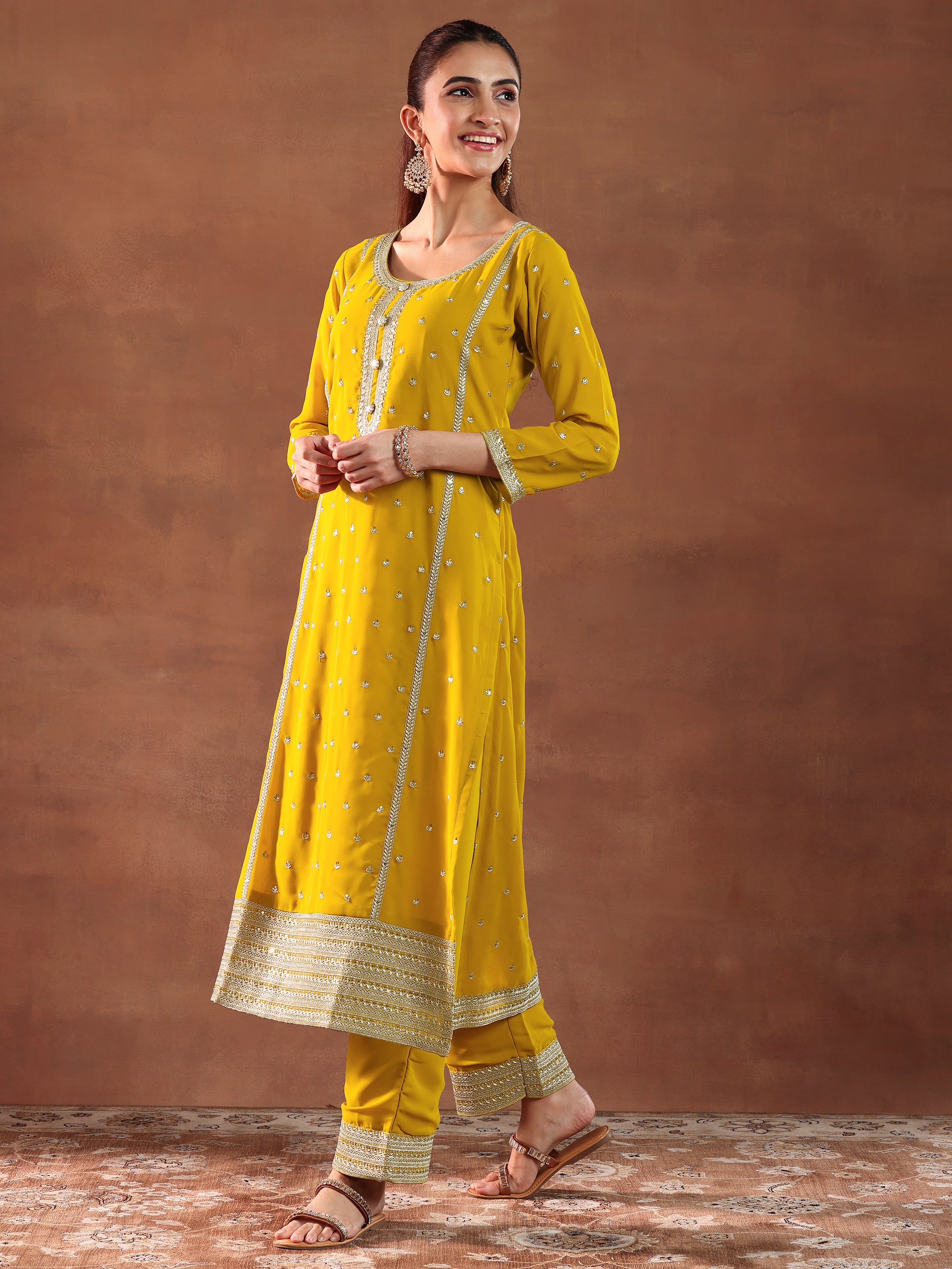 Mustard Embroidered Georgette Straight Suit With Dupatta