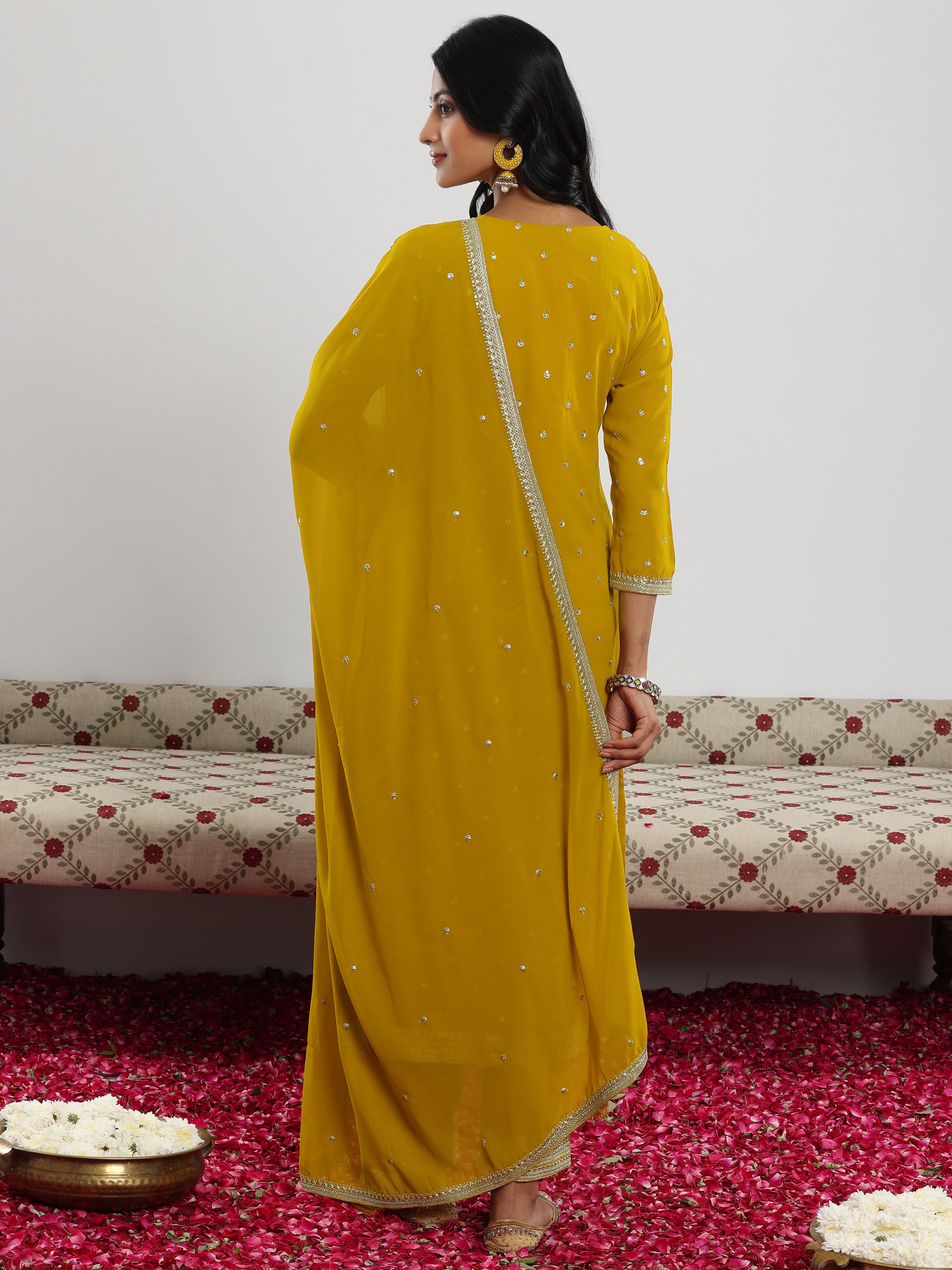 Mustard Embroidered Georgette Straight Suit With Dupatta