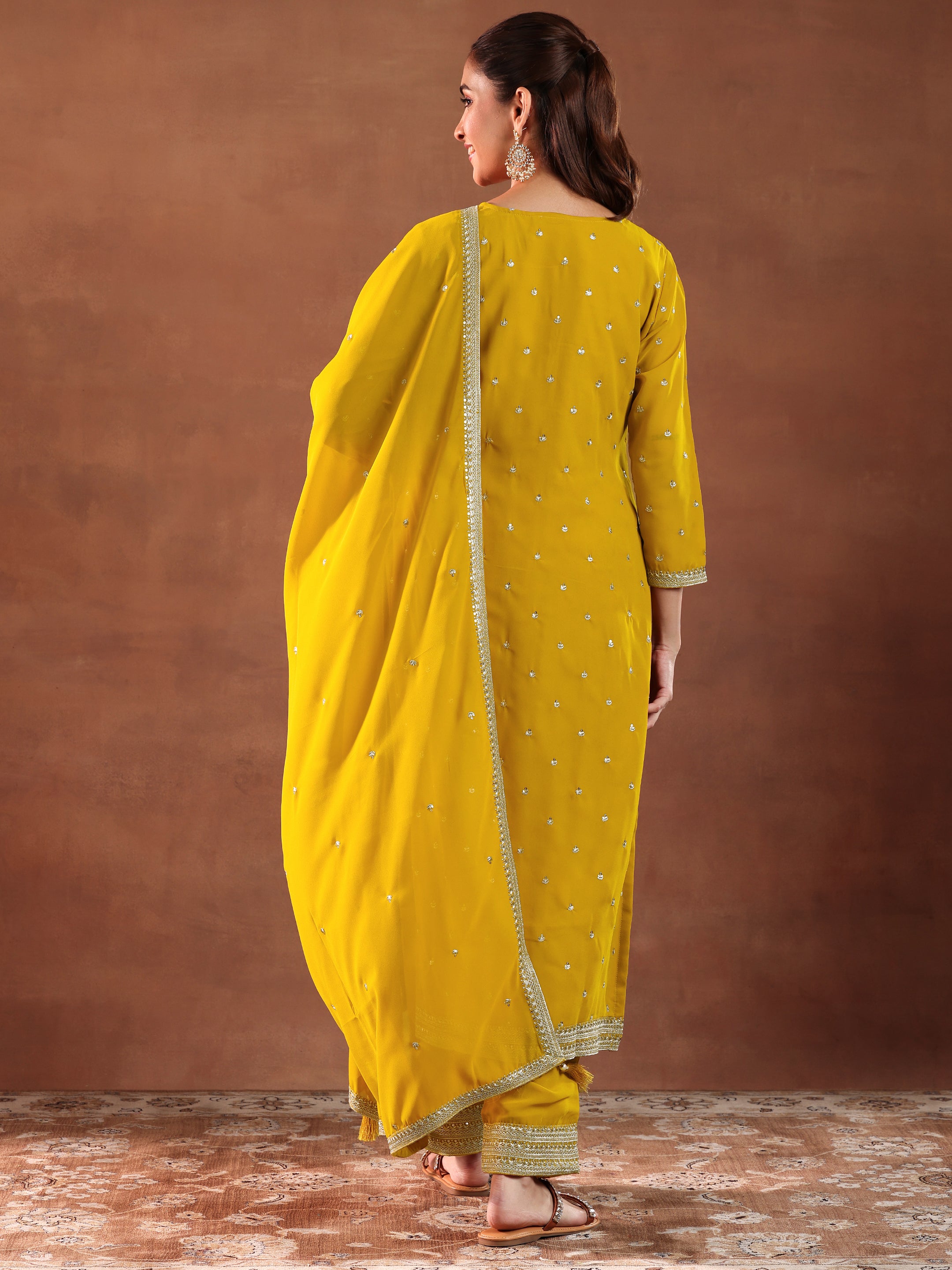 Mustard Embroidered Georgette Straight Suit With Dupatta