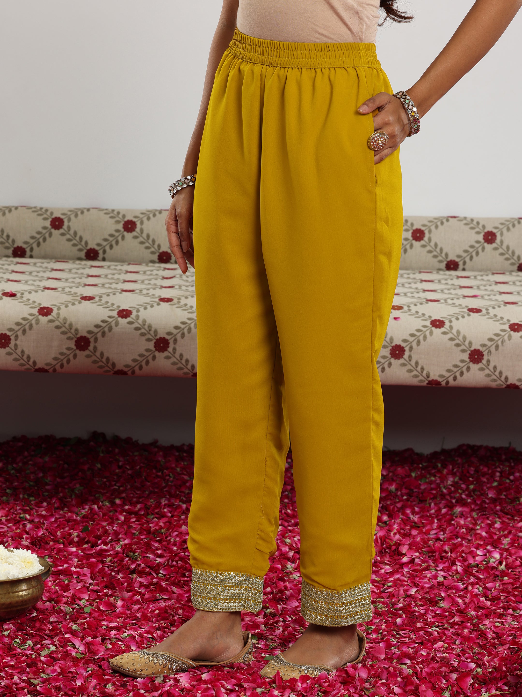 Mustard Embroidered Georgette Straight Suit With Dupatta