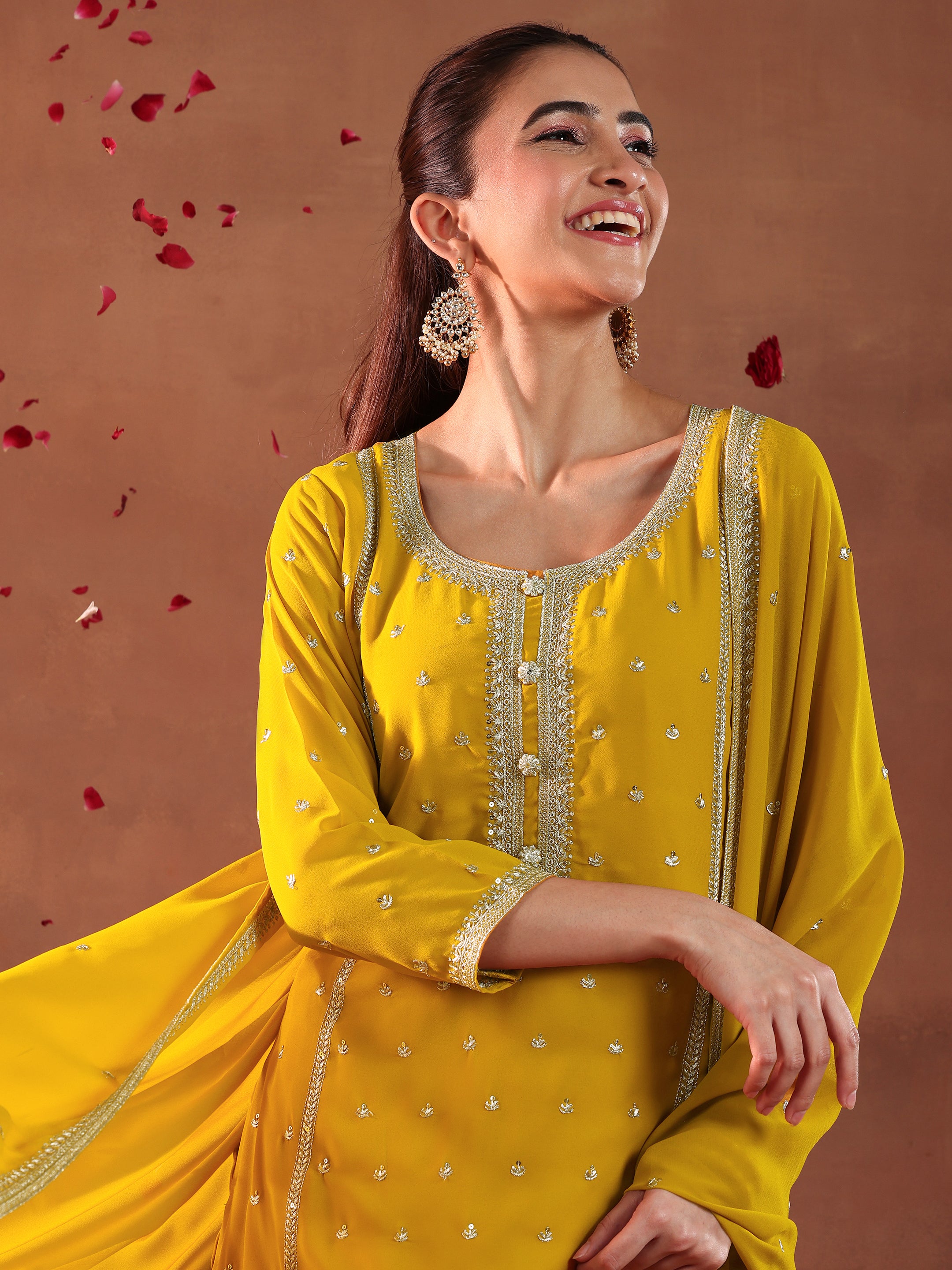 Mustard Embroidered Georgette Straight Suit With Dupatta