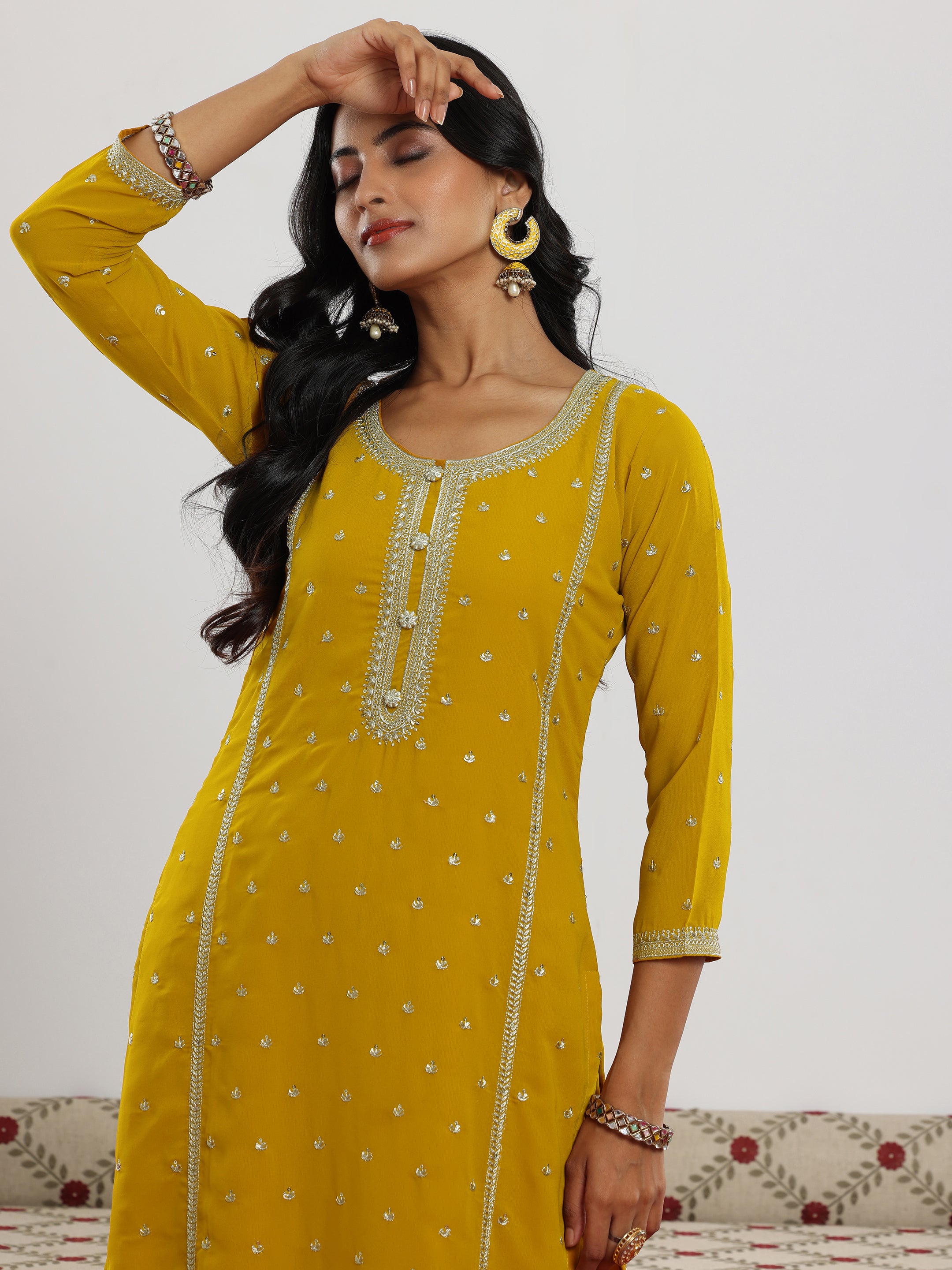 Mustard Embroidered Georgette Straight Suit With Dupatta