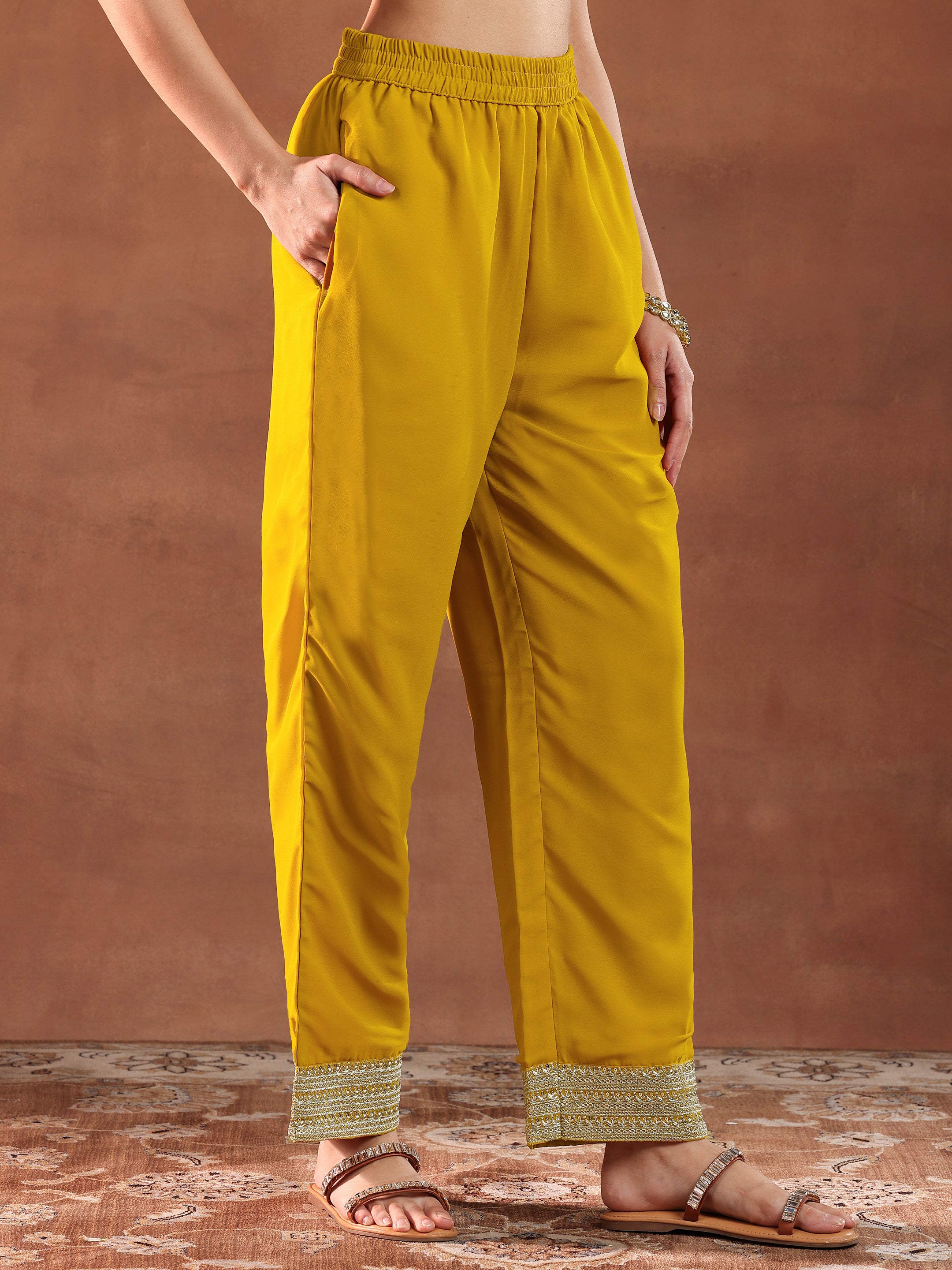 Mustard Embroidered Georgette Straight Suit With Dupatta