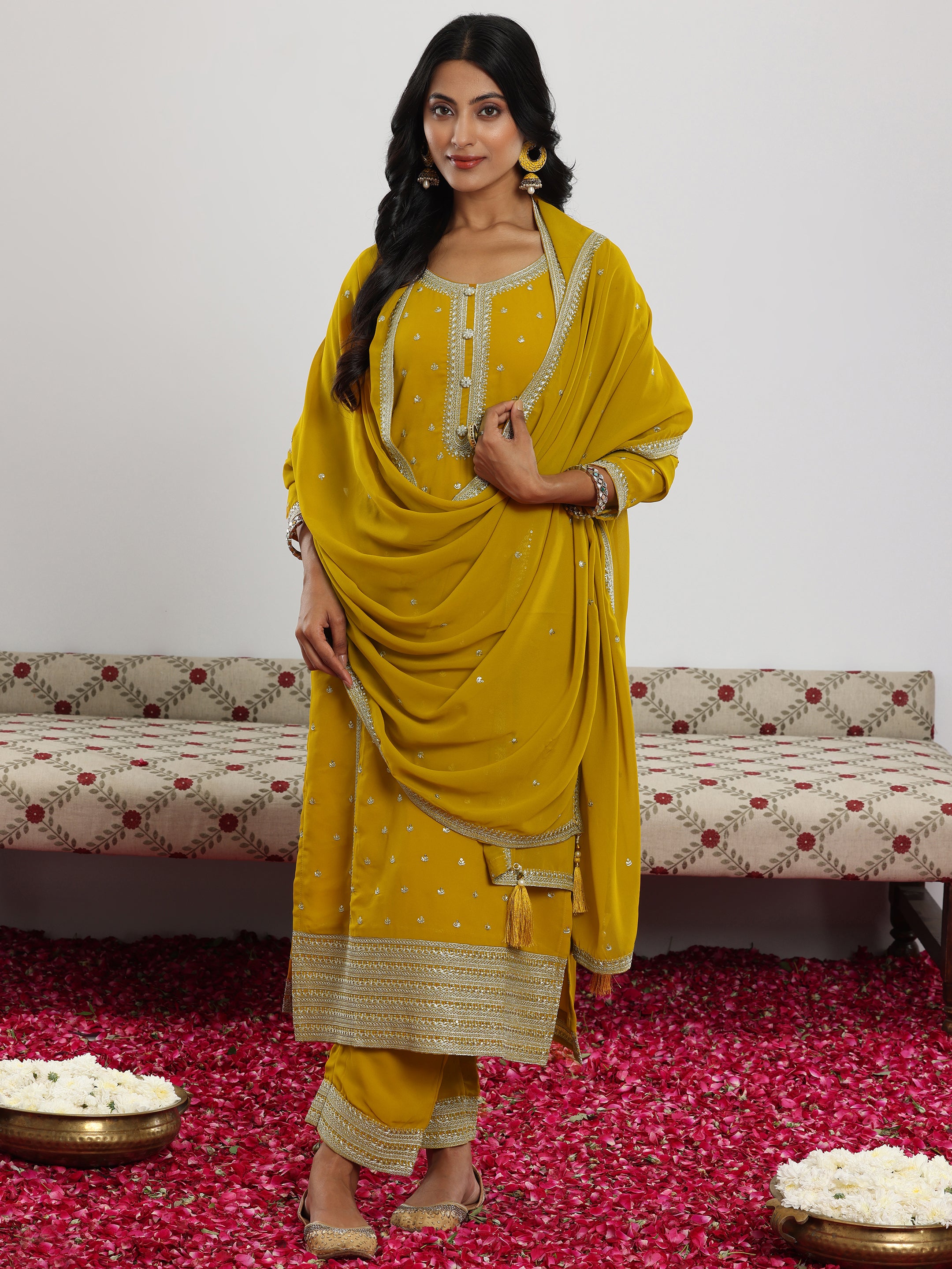 Mustard Embroidered Georgette Straight Suit With Dupatta