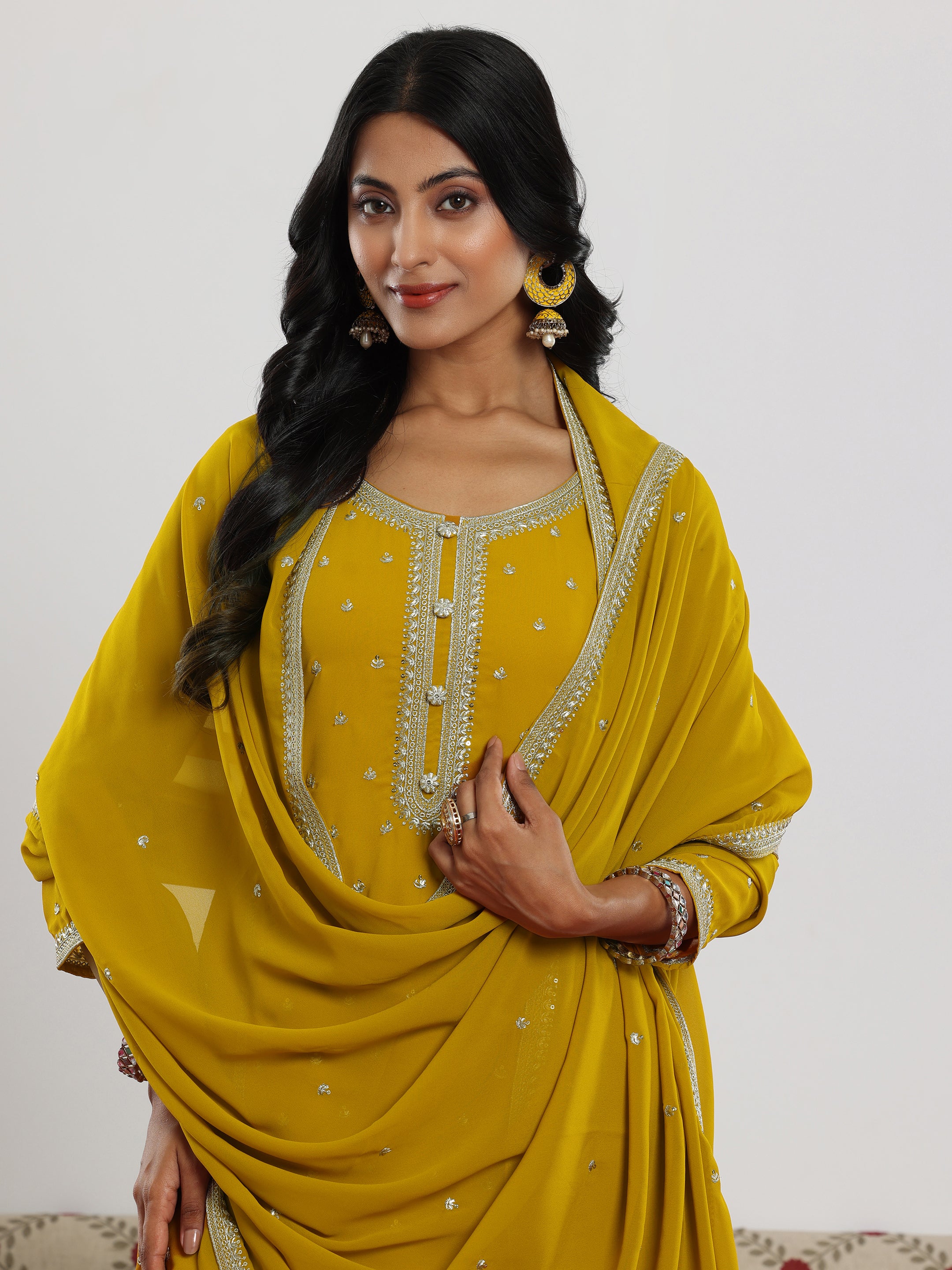 Mustard Embroidered Georgette Straight Suit With Dupatta