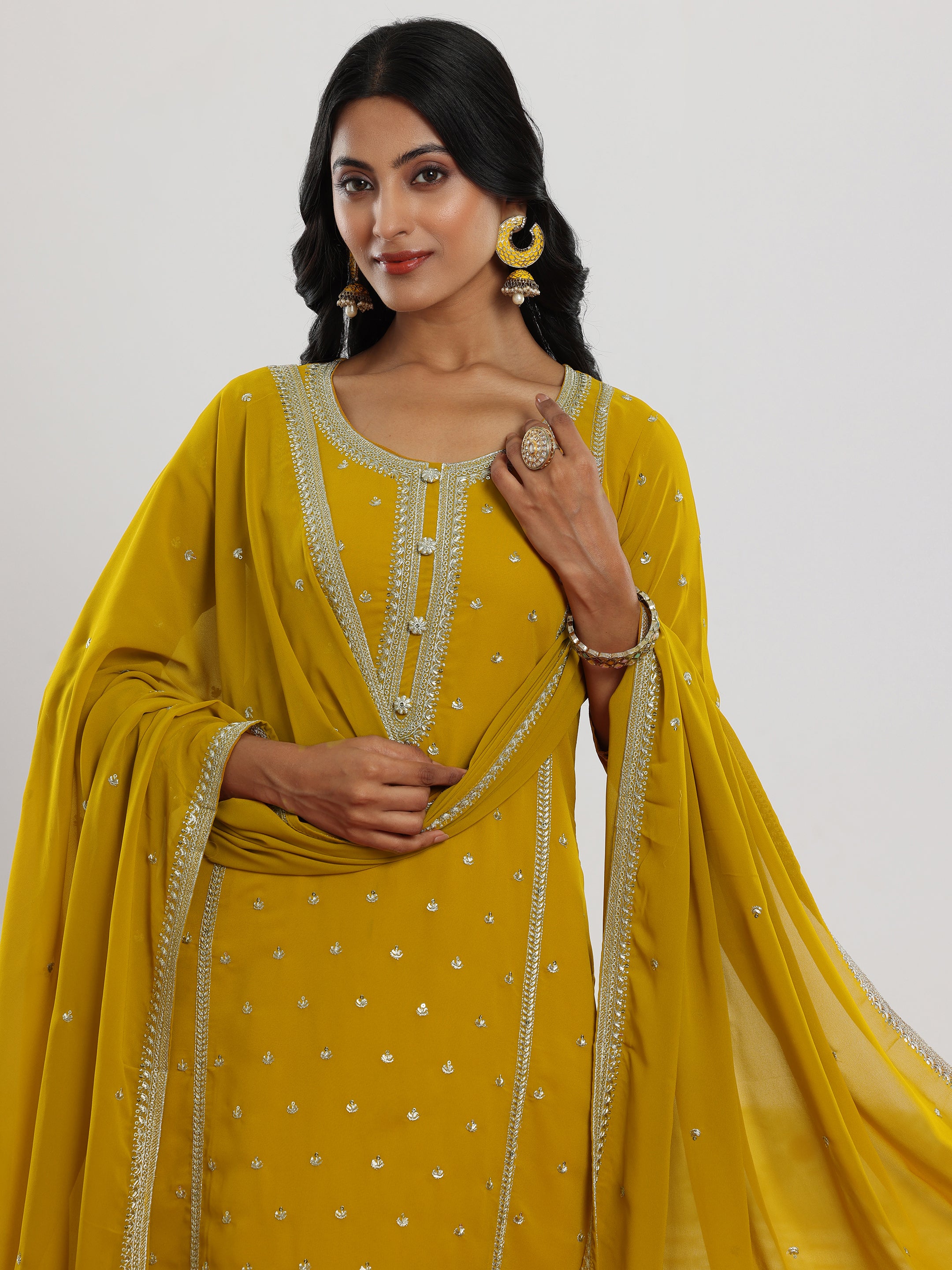 Mustard Embroidered Georgette Straight Suit With Dupatta