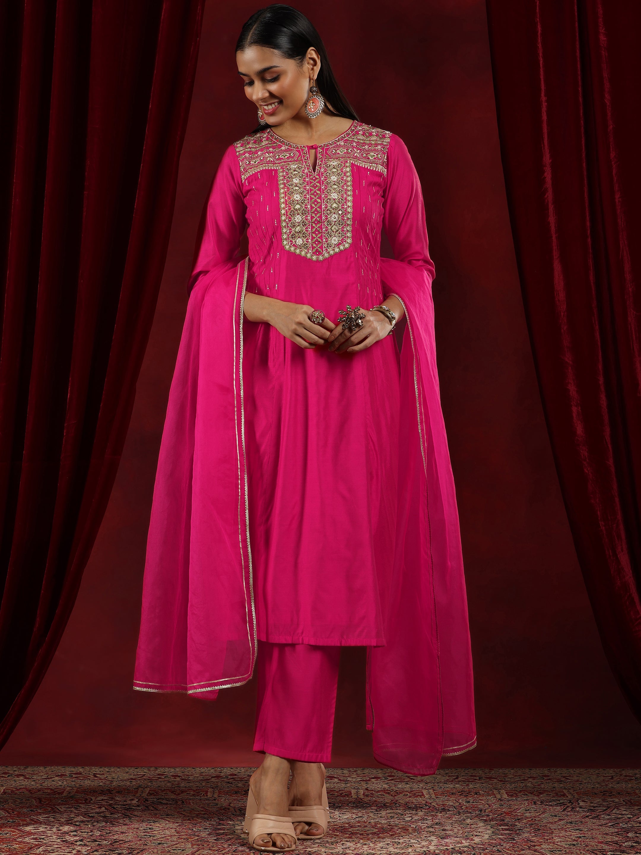 Libas Art Pink Yoke Design Chanderi Silk Straight Suit With Dupatta