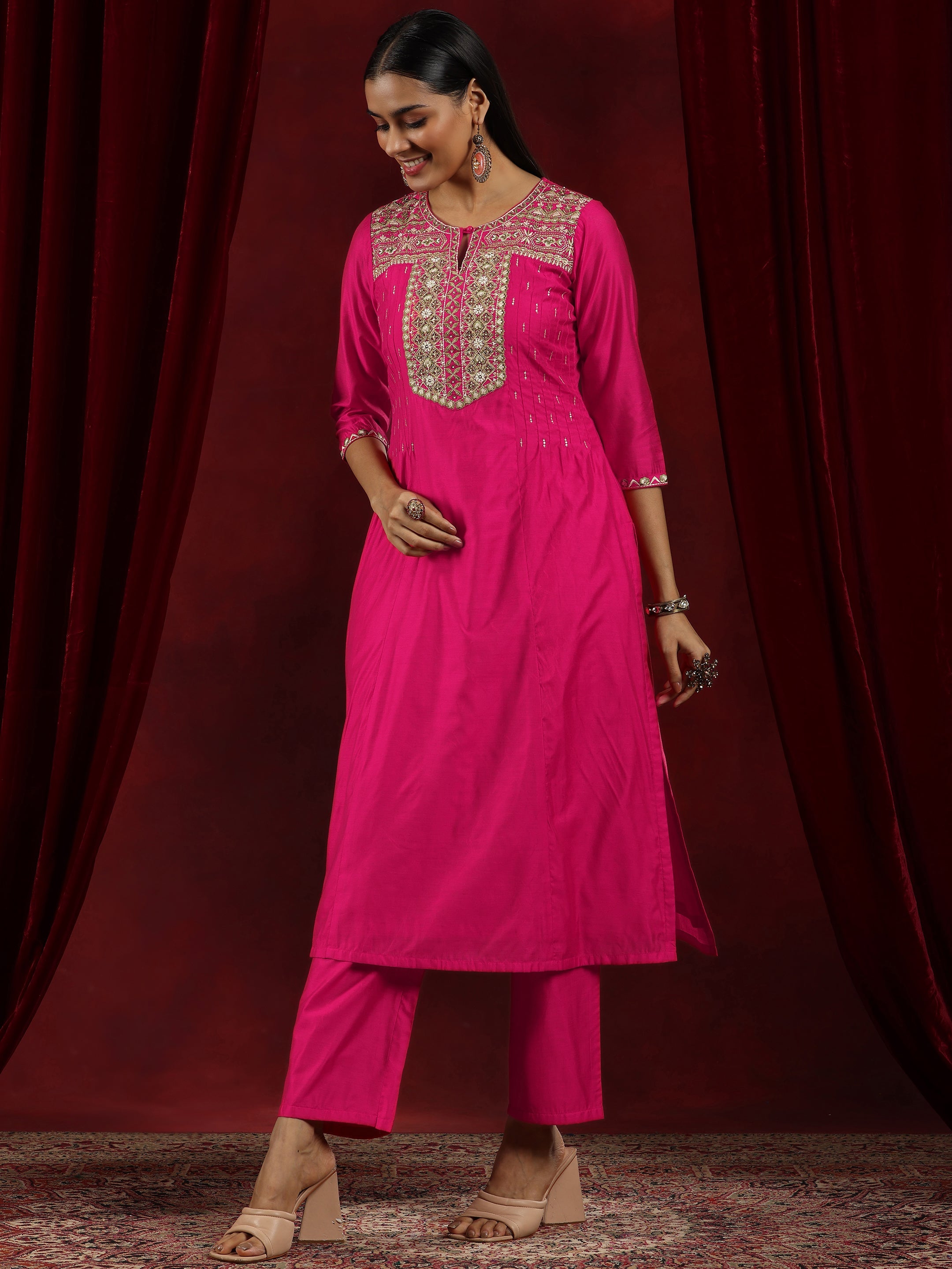 Libas Art Pink Yoke Design Chanderi Silk Straight Suit With Dupatta