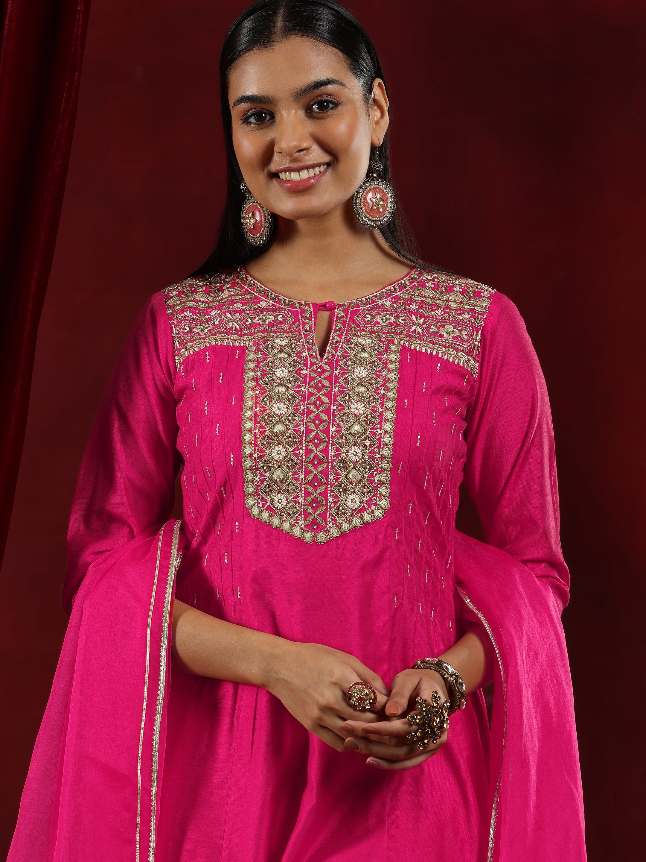 Libas Art Pink Yoke Design Chanderi Silk Straight Suit With Dupatta