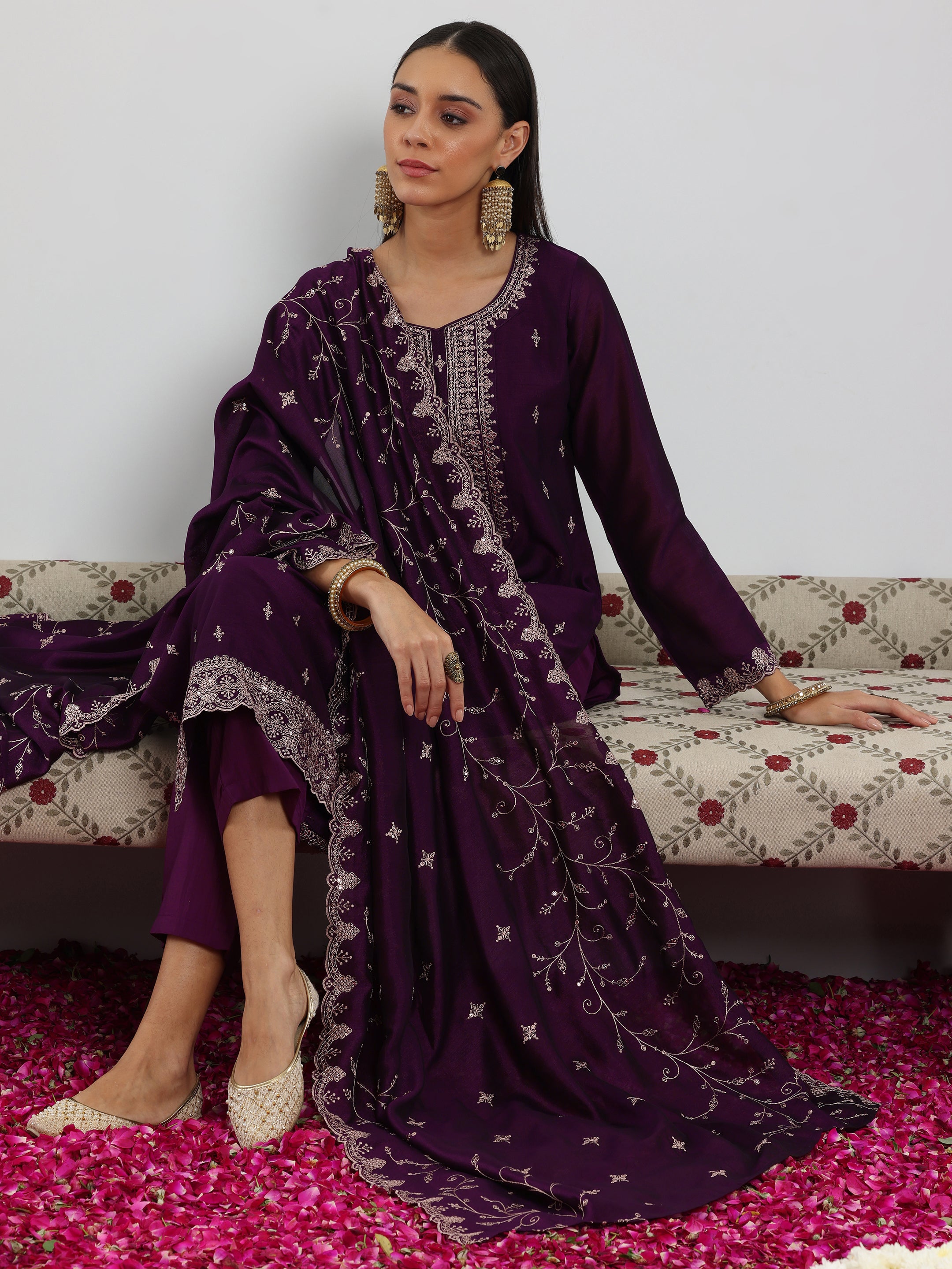 Wine Embroidered Silk Blend Straight Suit With Dupatta