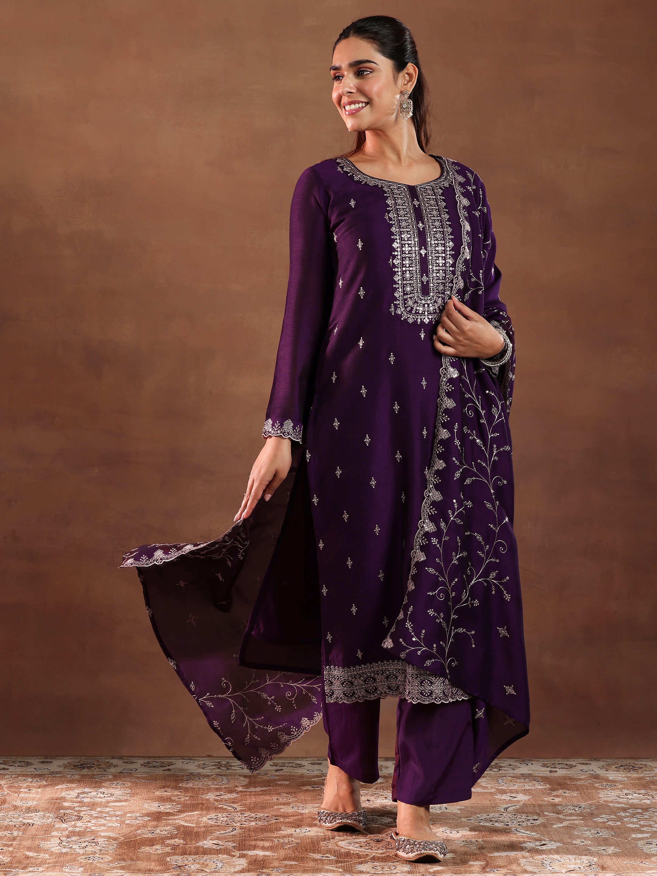 Wine Embroidered Silk Blend Straight Suit With Dupatta