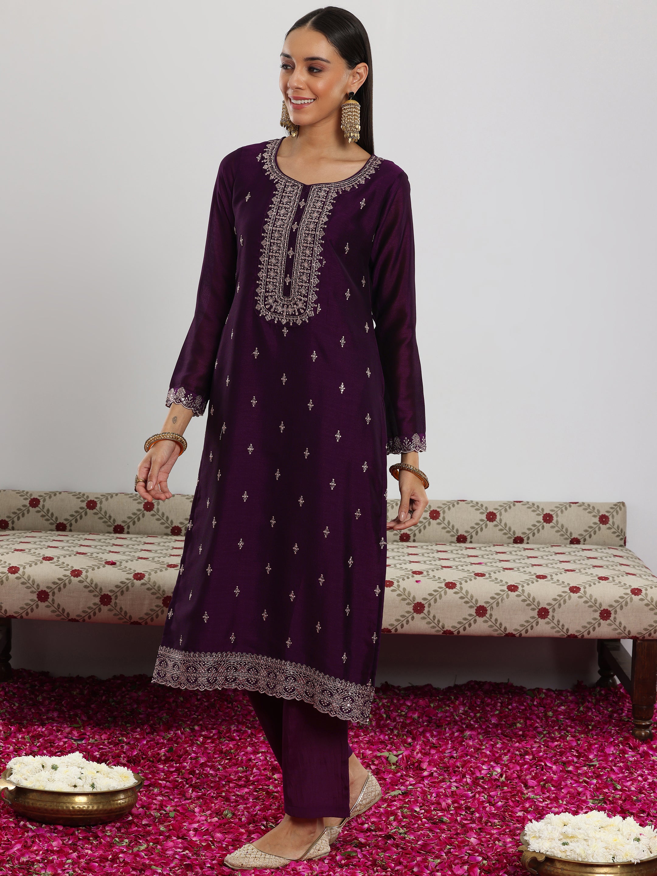 Wine Embroidered Silk Blend Straight Suit With Dupatta