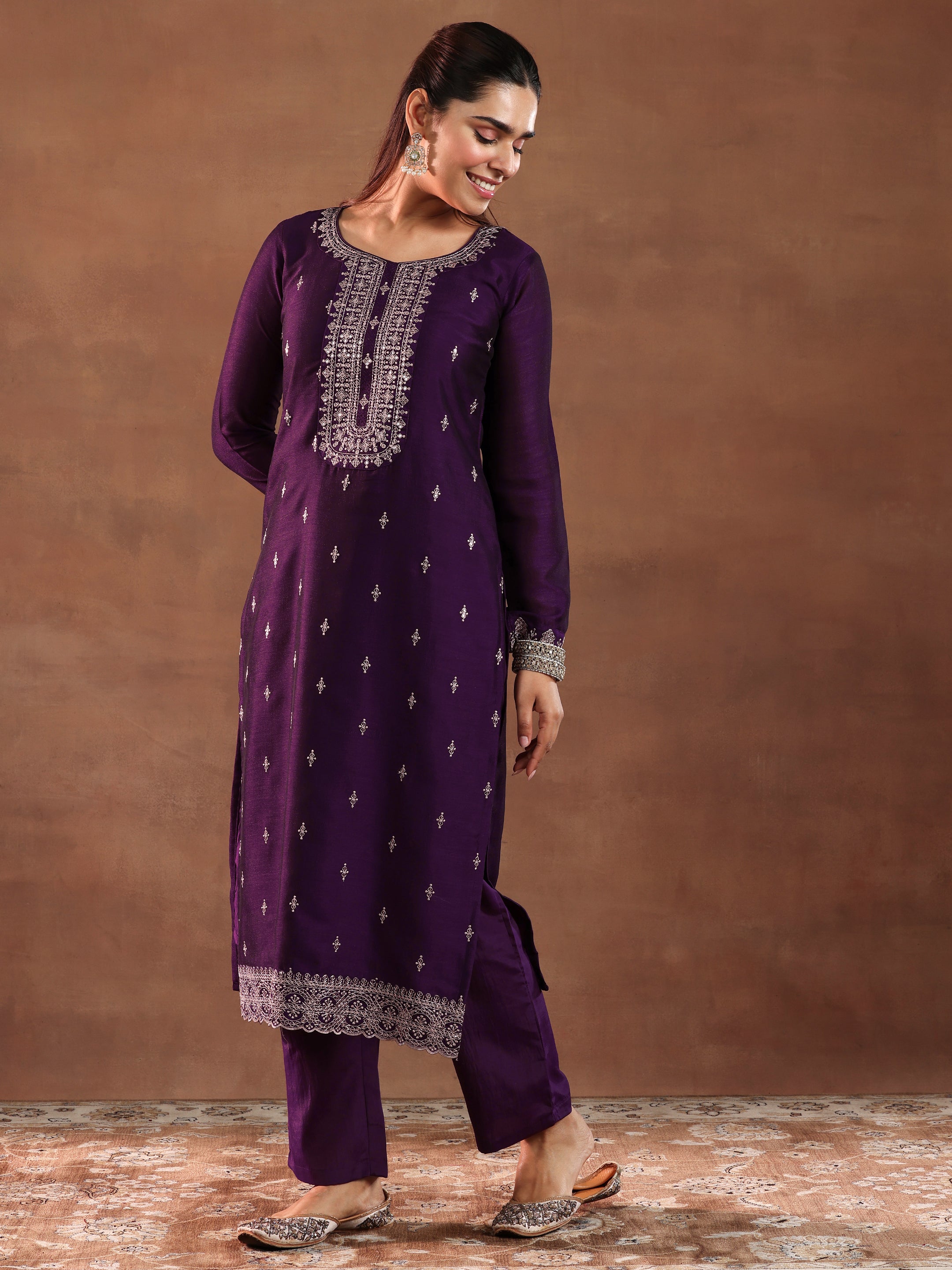 Wine Embroidered Silk Blend Straight Suit With Dupatta