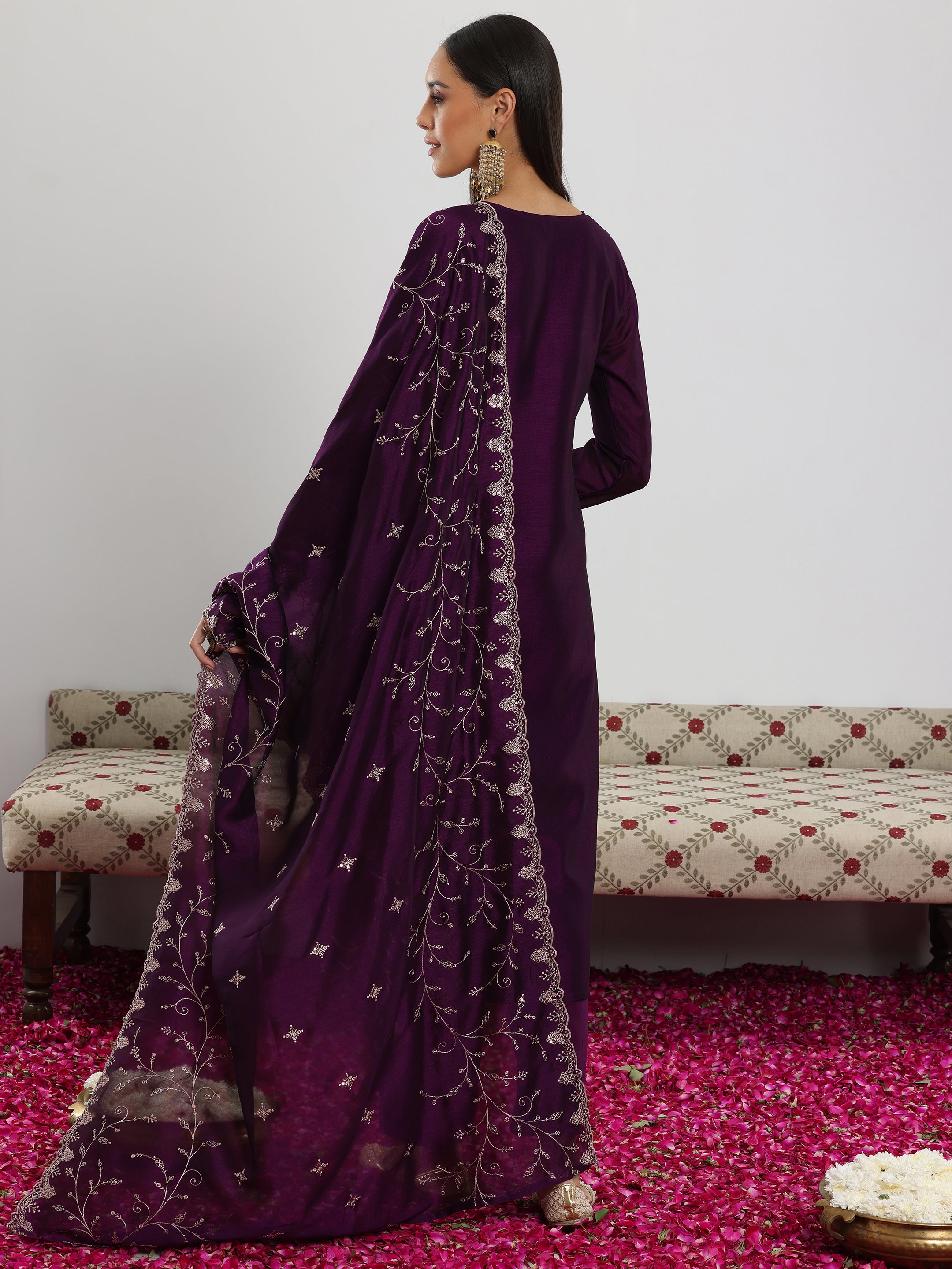 Wine Embroidered Silk Blend Straight Suit With Dupatta