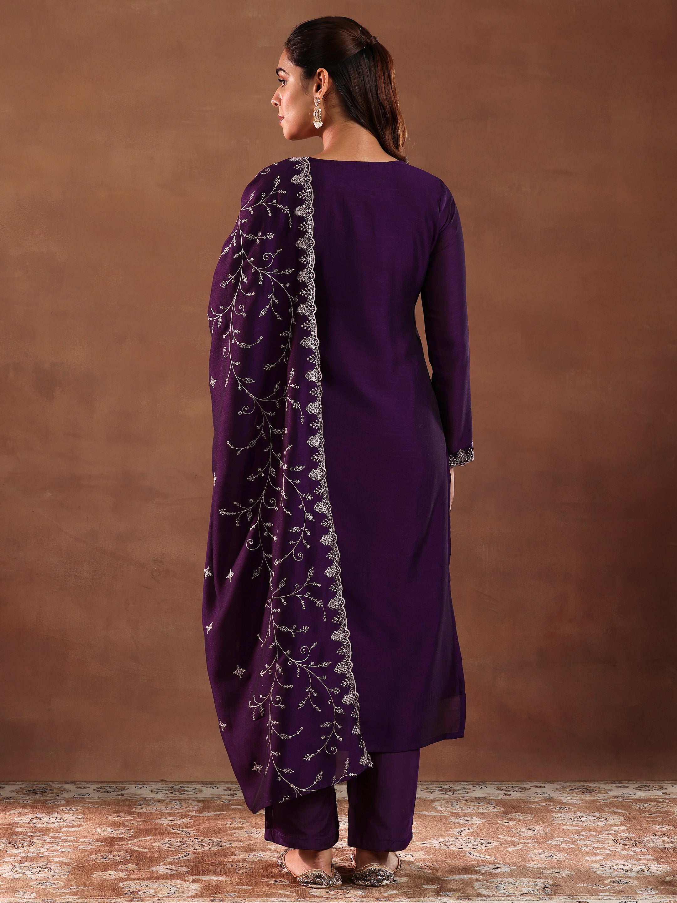 Wine Embroidered Silk Blend Straight Suit With Dupatta