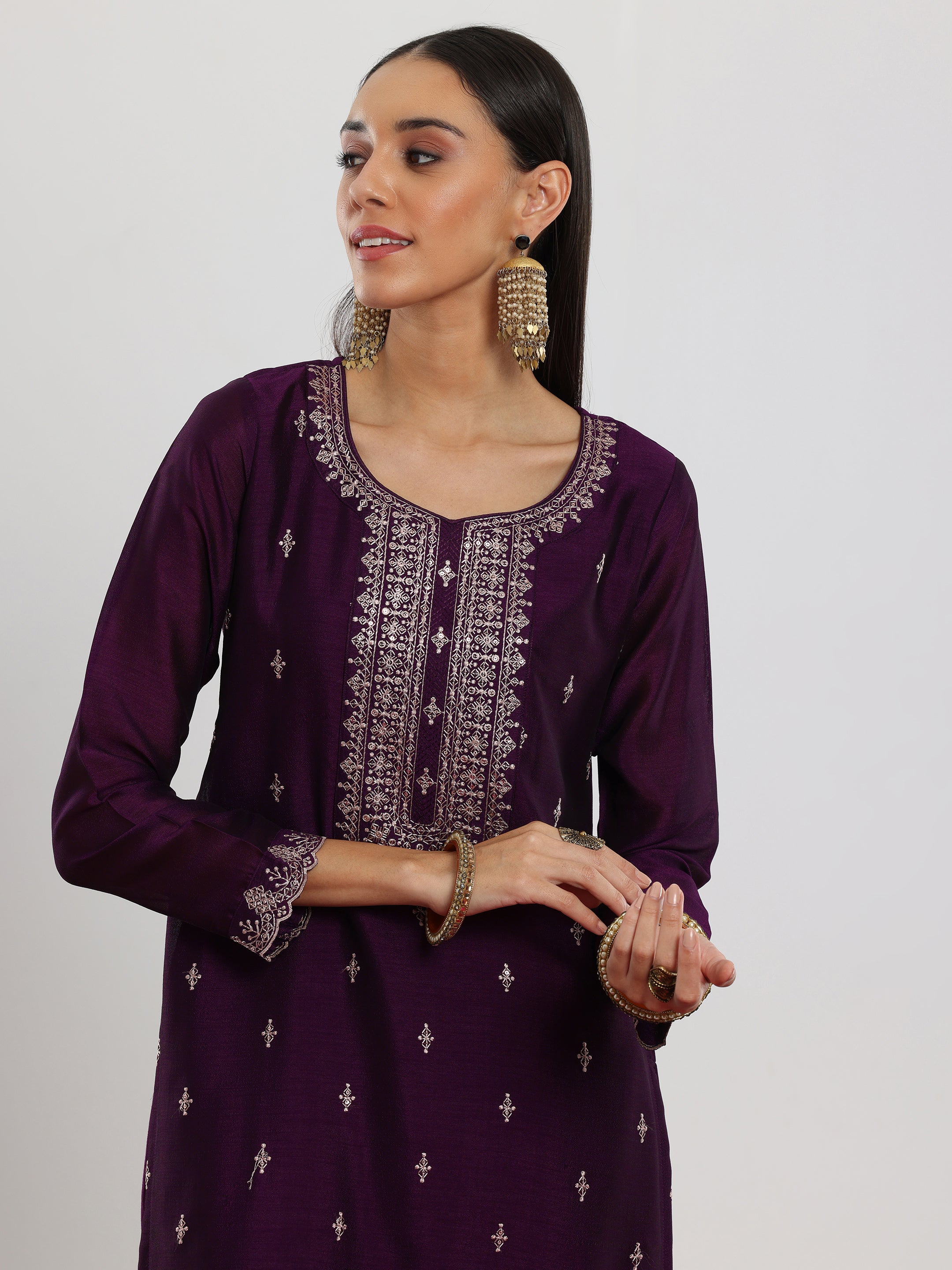 Wine Embroidered Silk Blend Straight Suit With Dupatta