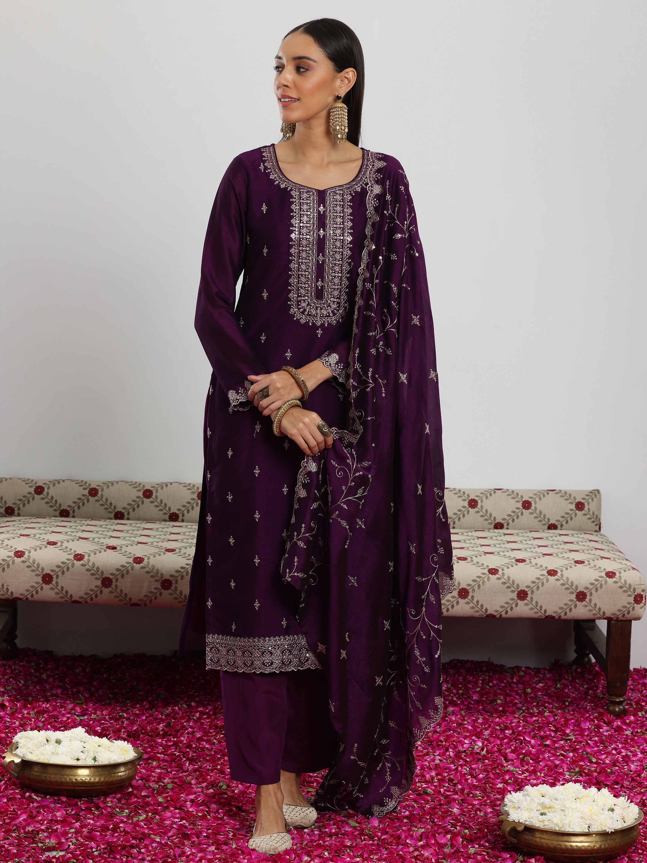 Wine Embroidered Silk Blend Straight Suit With Dupatta