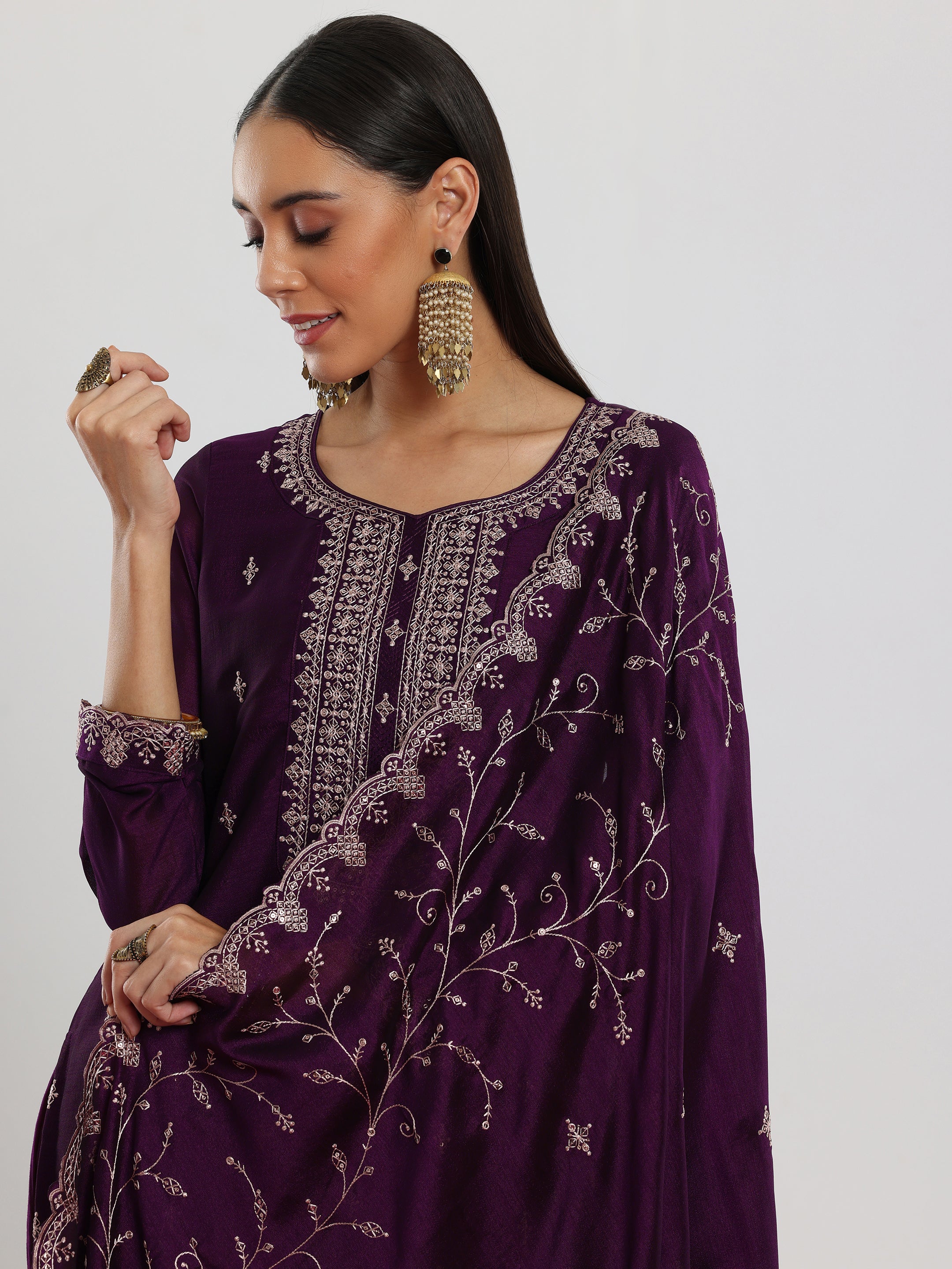 Wine Embroidered Silk Blend Straight Suit With Dupatta