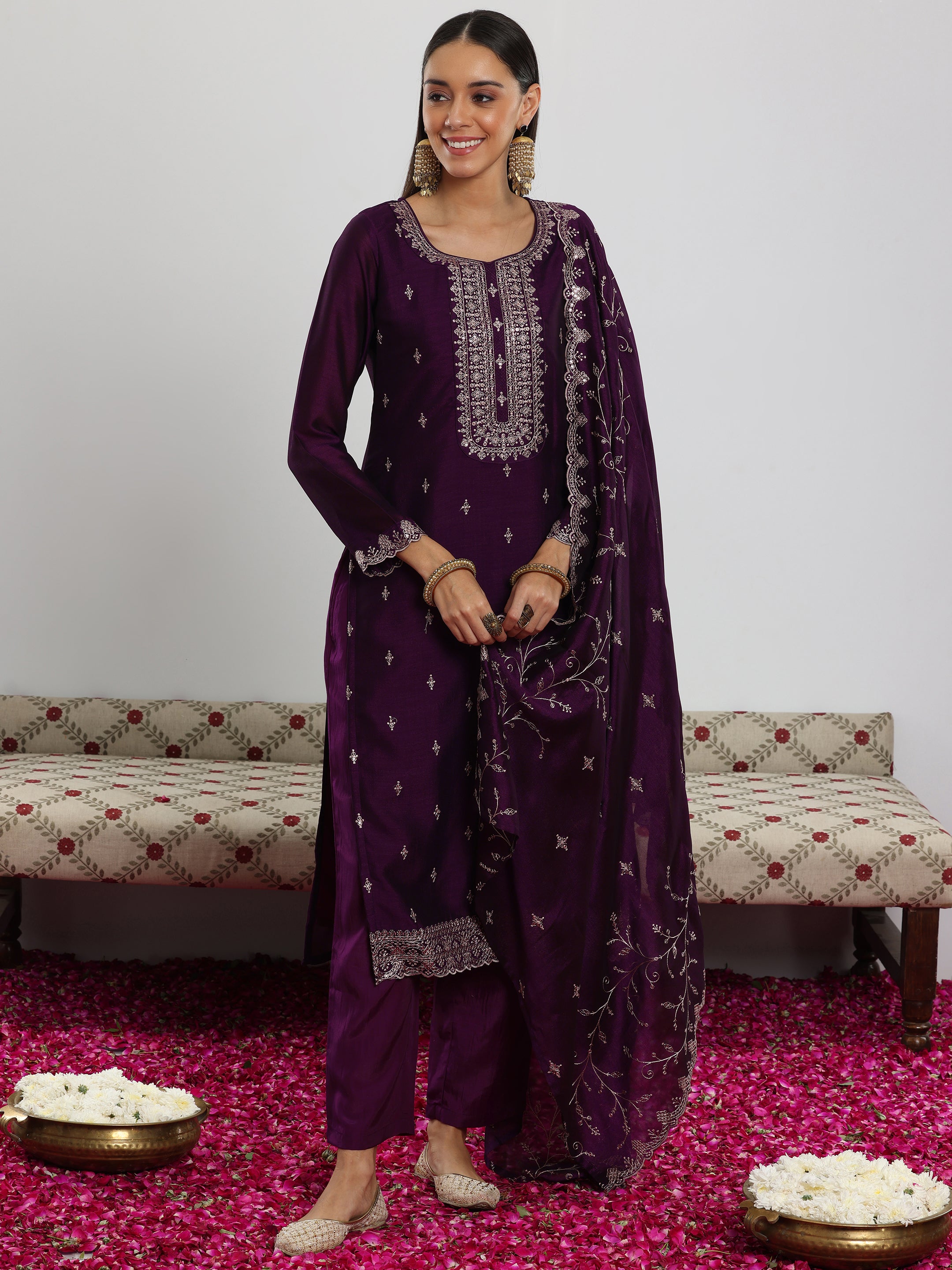 Wine Embroidered Silk Blend Straight Suit With Dupatta