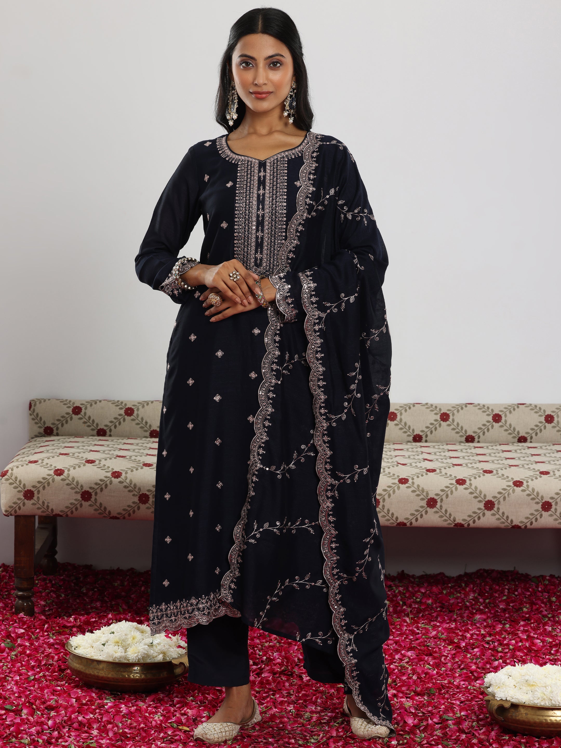 Navy Embroidered Silk Blend Straight Suit With Dupatta