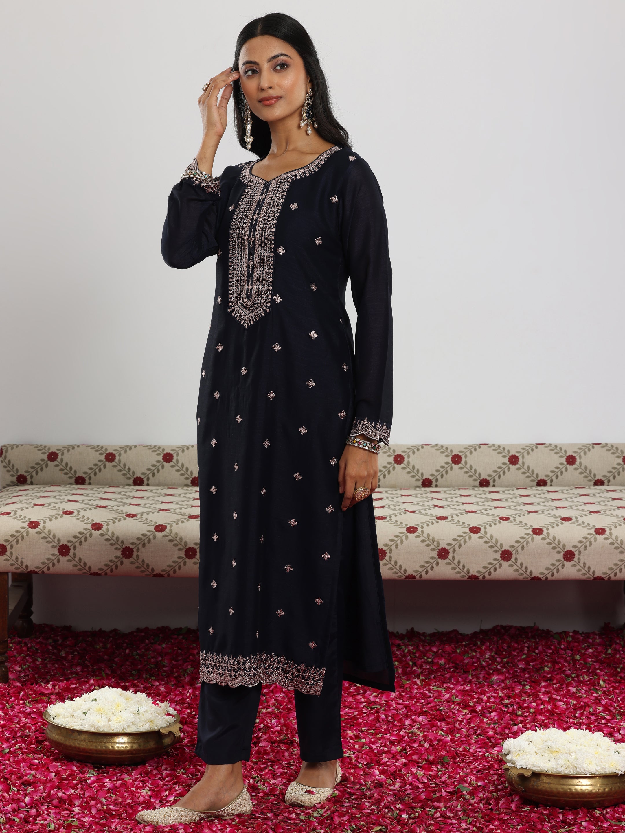 Navy Embroidered Silk Blend Straight Suit With Dupatta