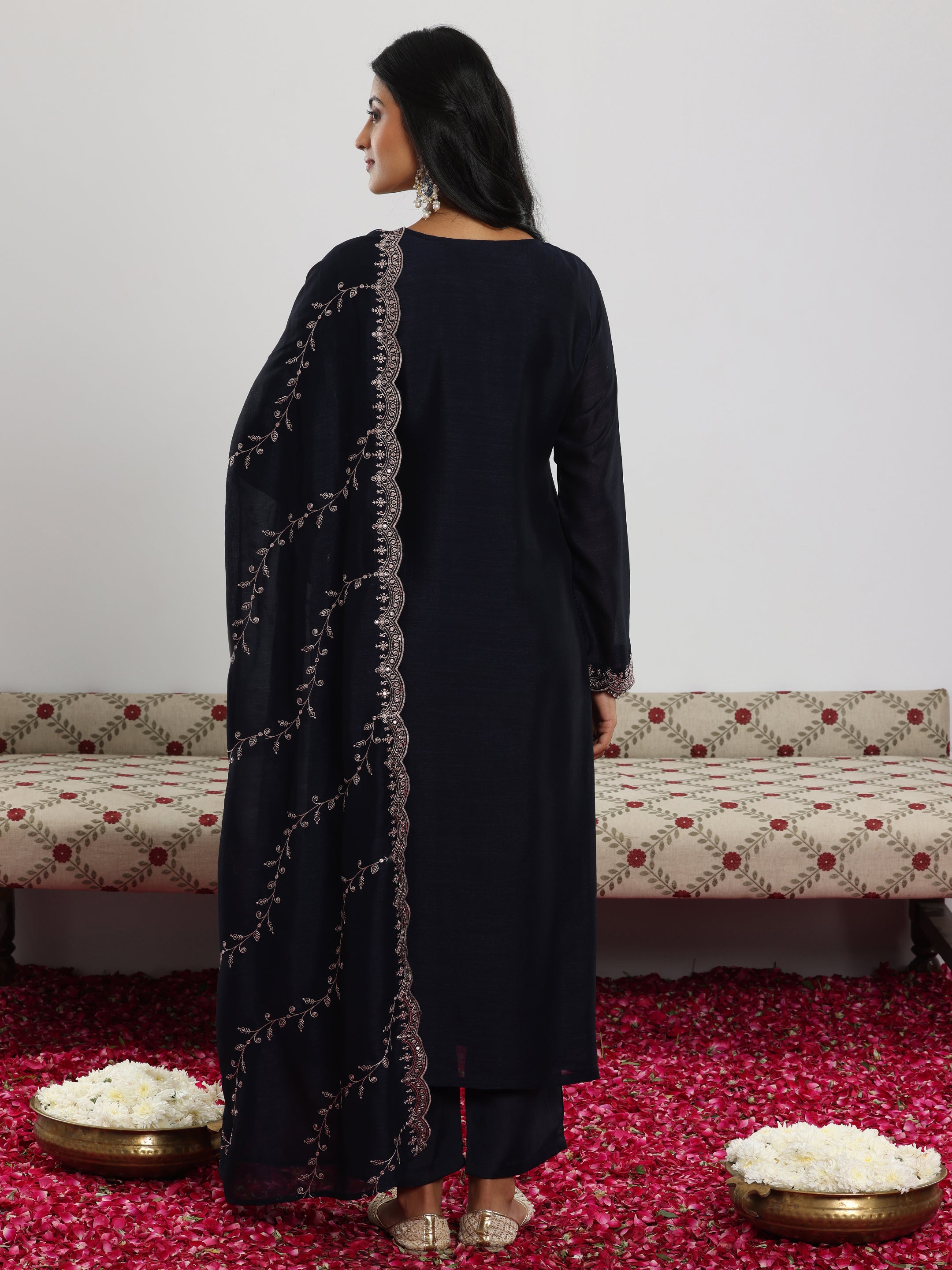 Navy Embroidered Silk Blend Straight Suit With Dupatta