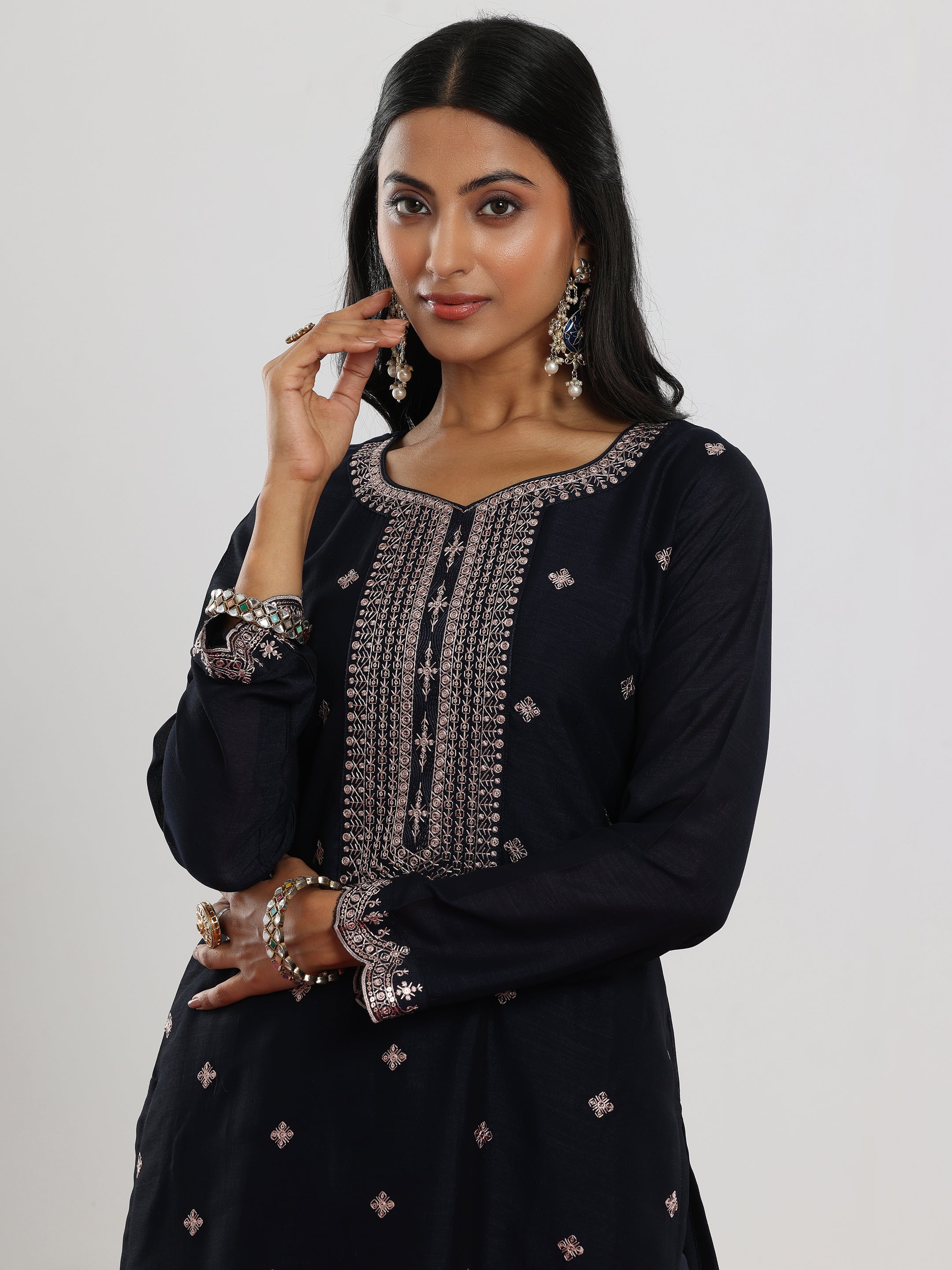 Navy Embroidered Silk Blend Straight Suit With Dupatta