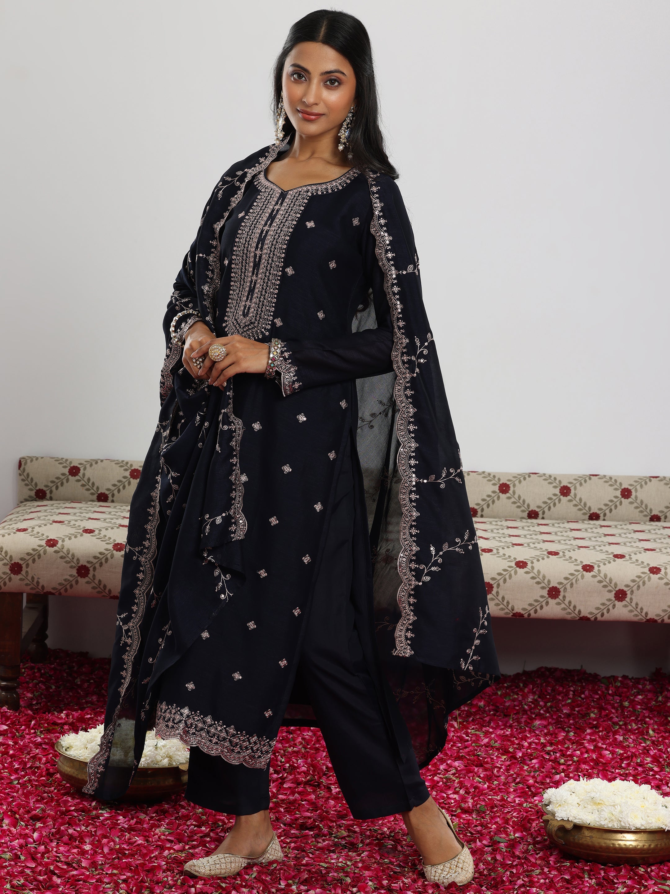 Navy Embroidered Silk Blend Straight Suit With Dupatta