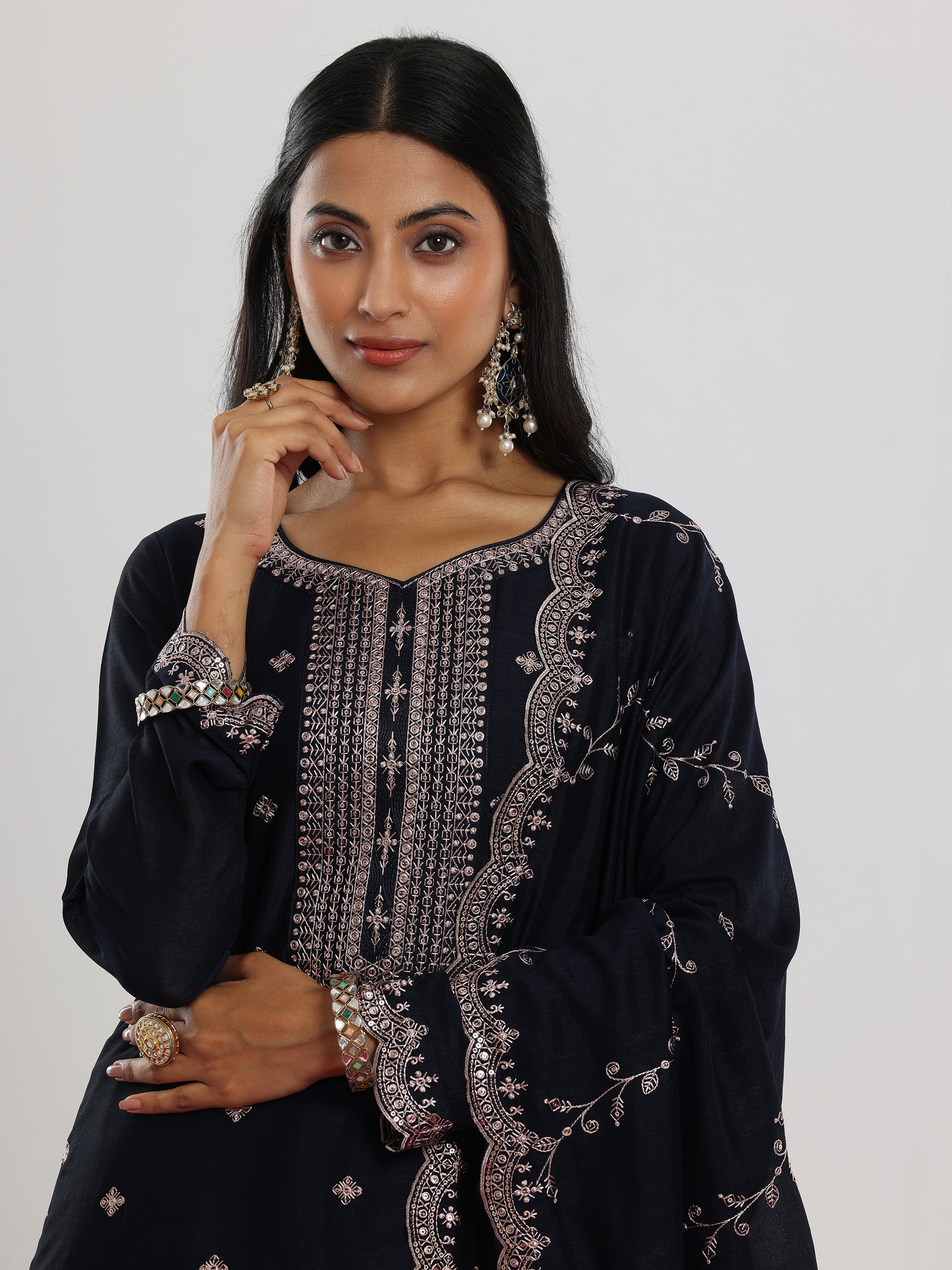 Navy Embroidered Silk Blend Straight Suit With Dupatta