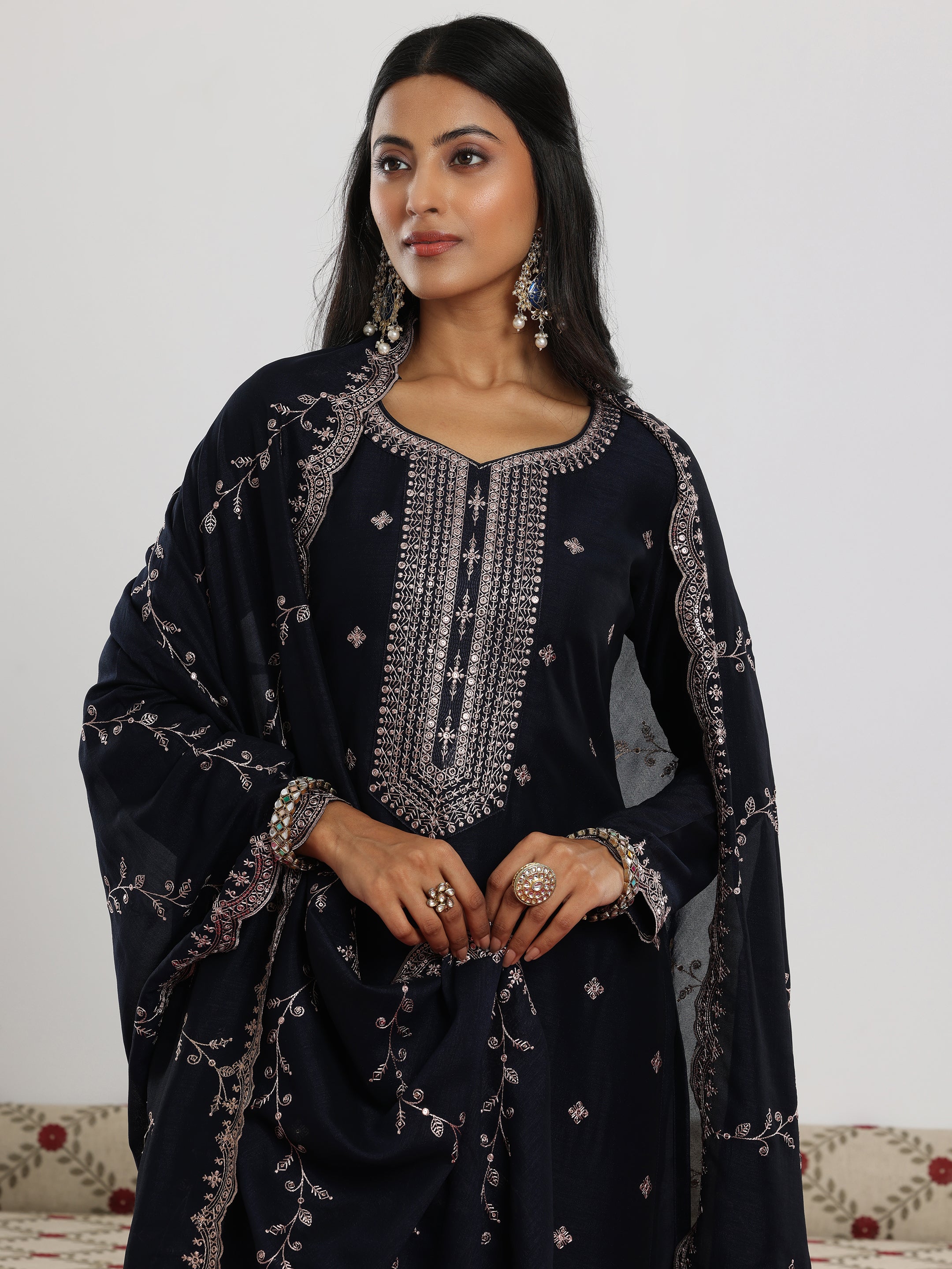 Navy Embroidered Silk Blend Straight Suit With Dupatta