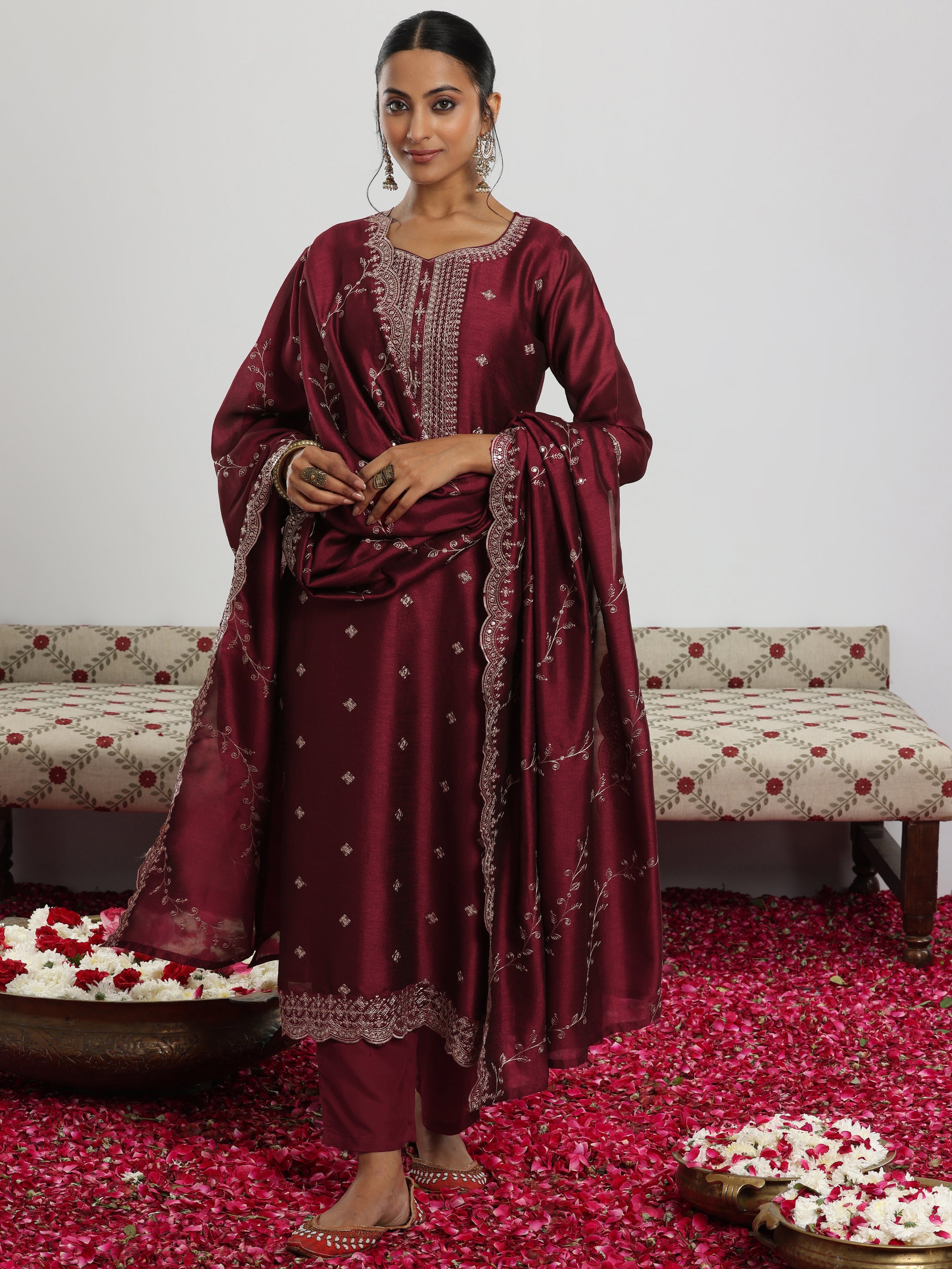 Maroon Embroidered Silk Blend Straight Suit With Dupatta