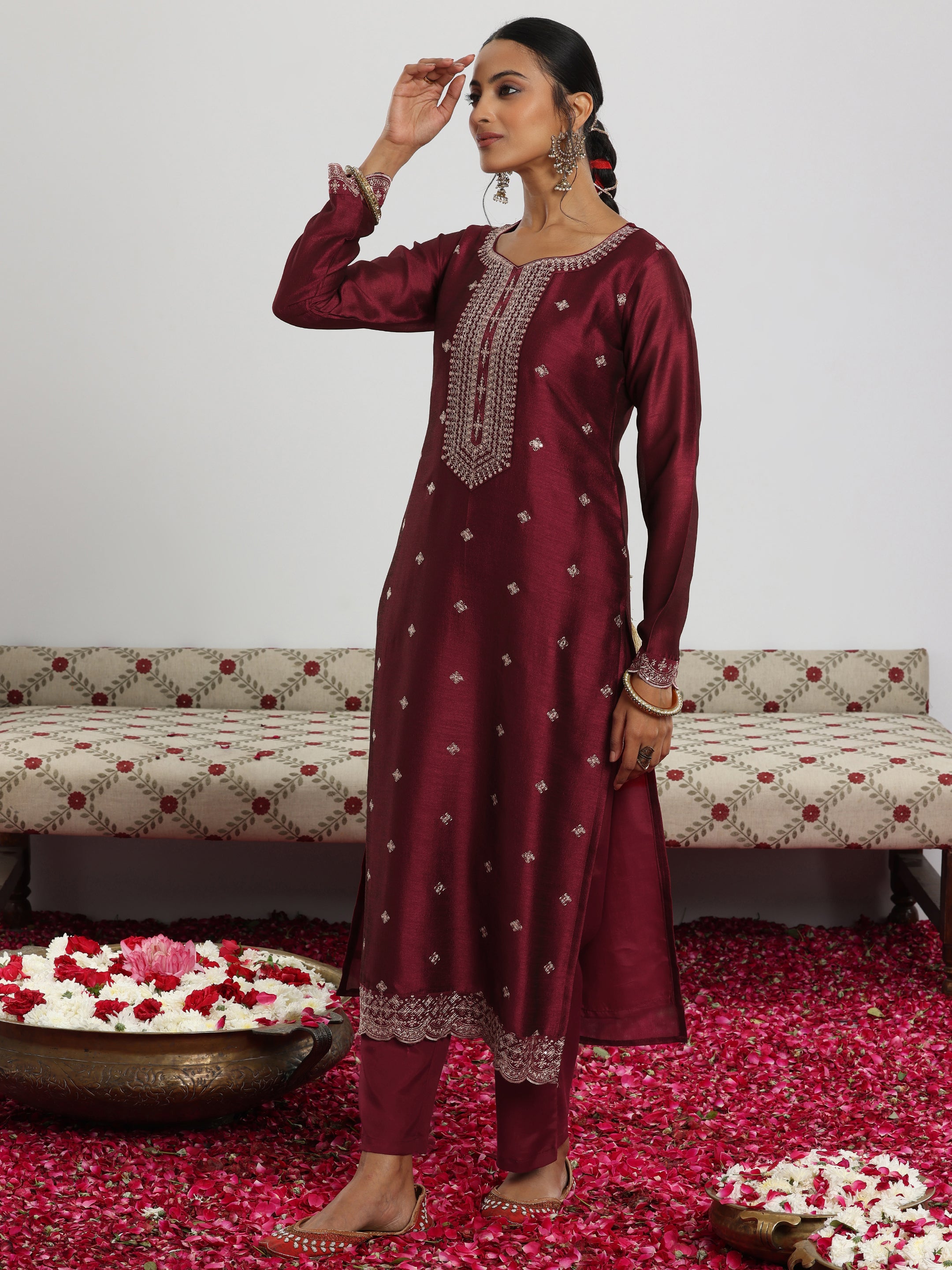 Maroon Embroidered Silk Blend Straight Suit With Dupatta