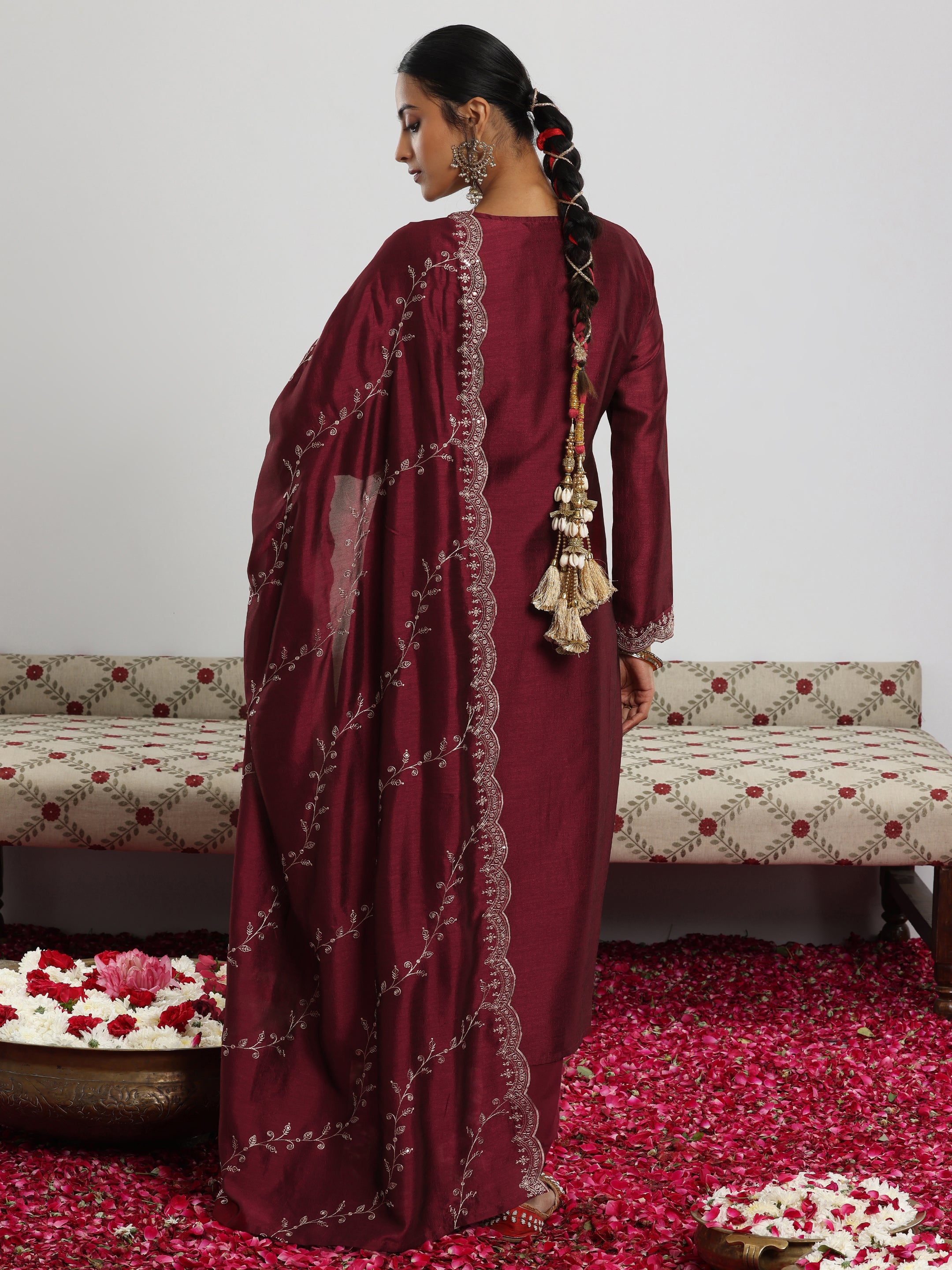 Maroon Embroidered Silk Blend Straight Suit With Dupatta