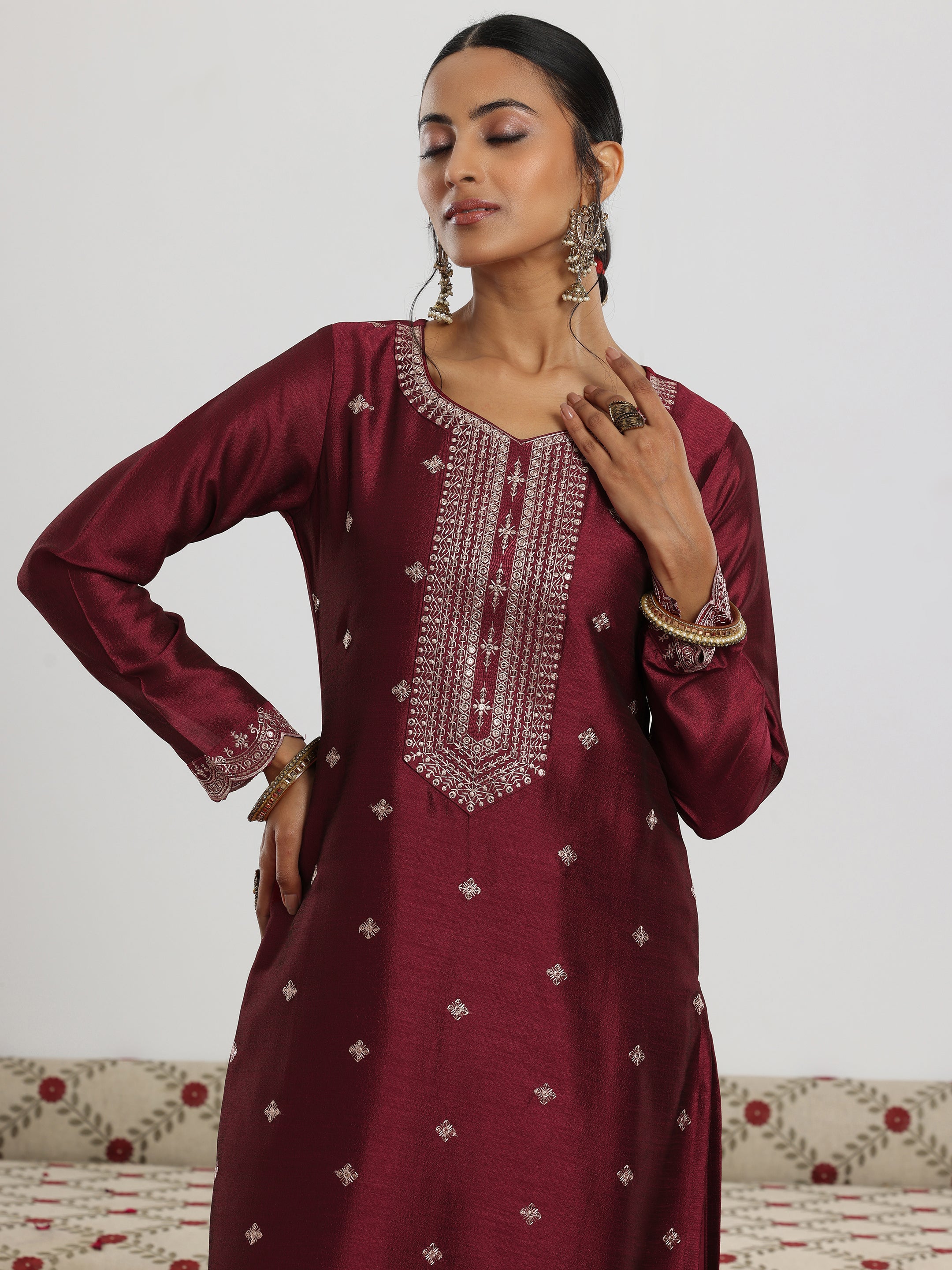 Maroon Embroidered Silk Blend Straight Suit With Dupatta