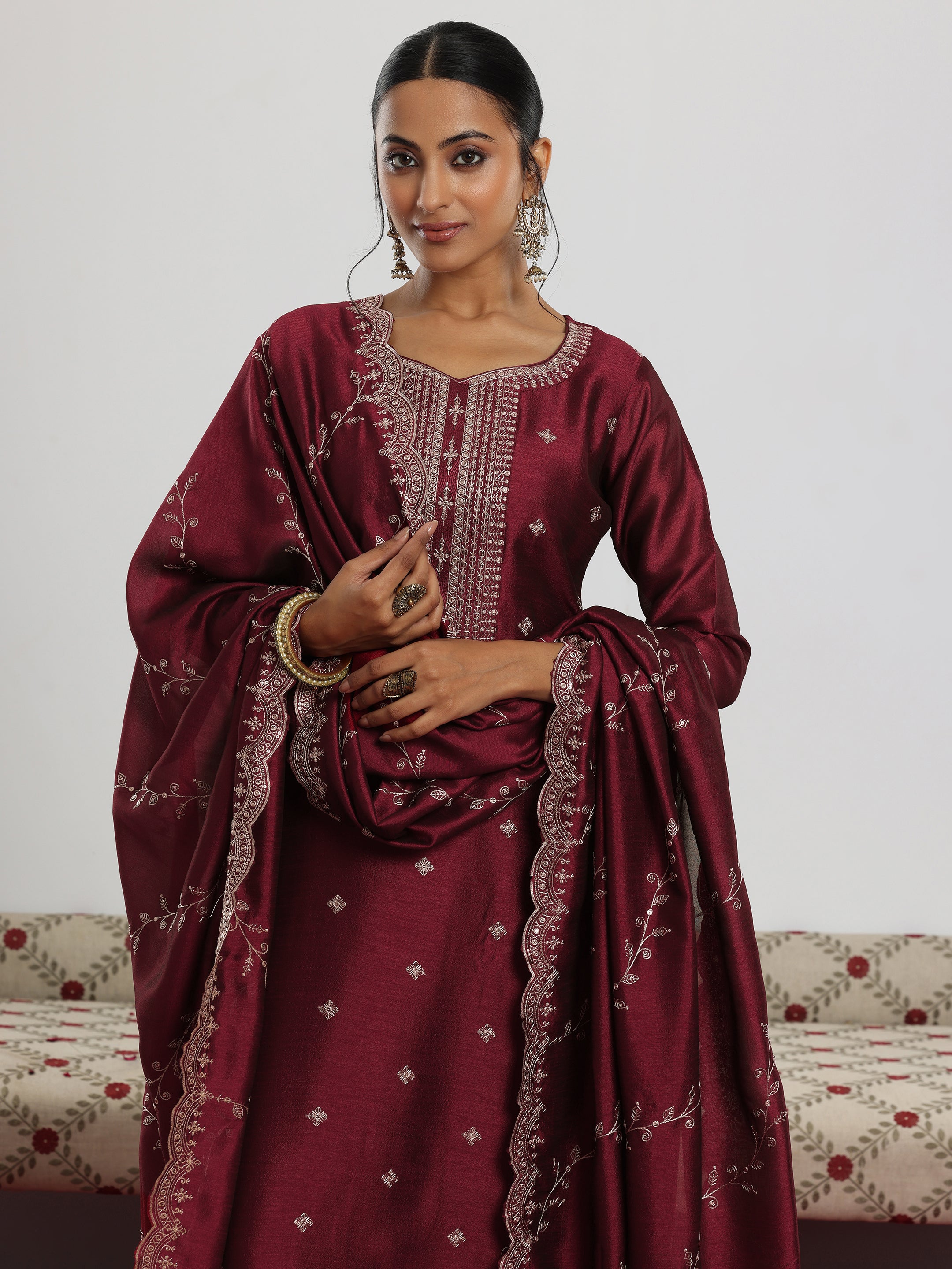 Maroon Embroidered Silk Blend Straight Suit With Dupatta