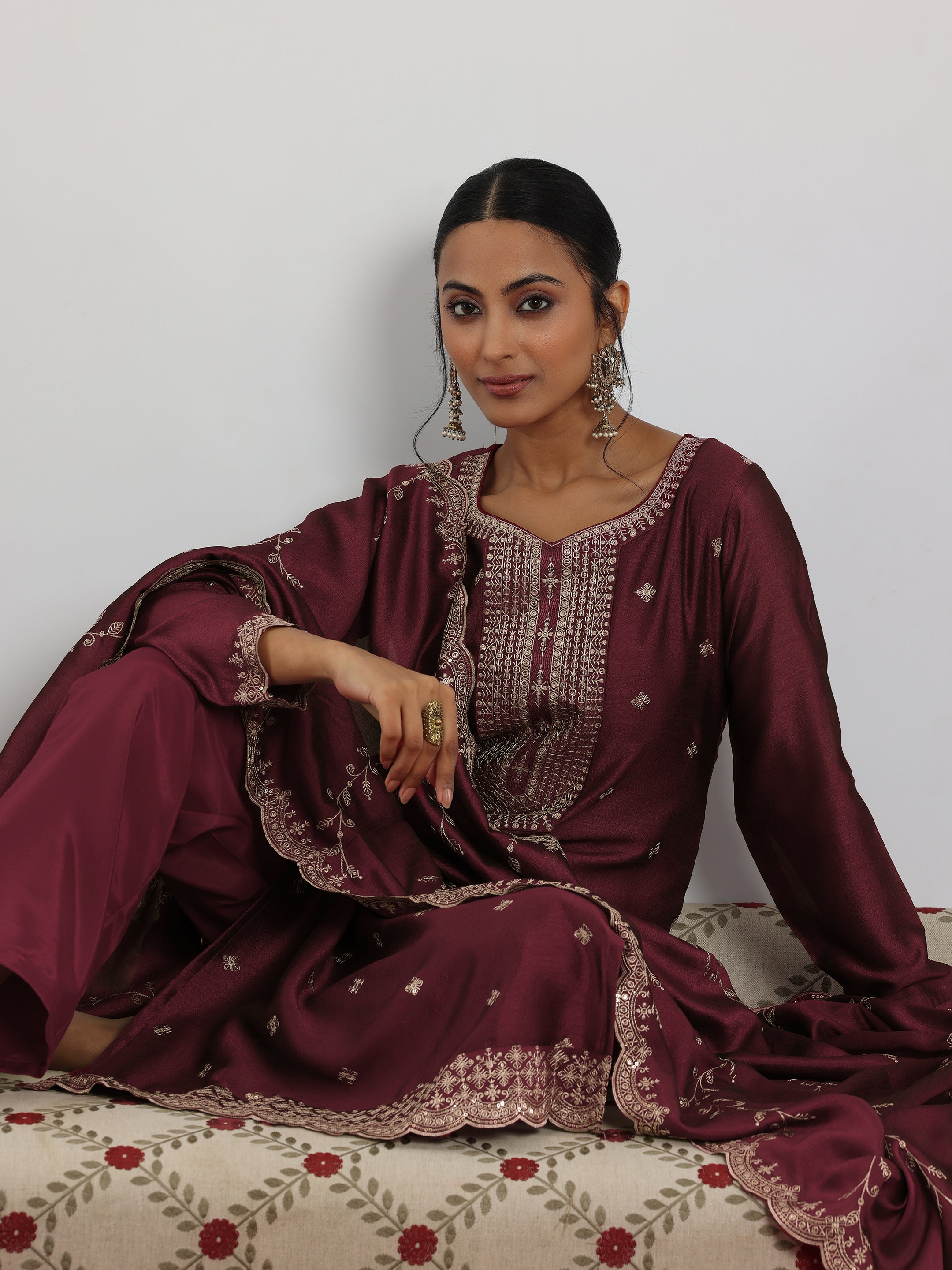 Maroon Embroidered Silk Blend Straight Suit With Dupatta