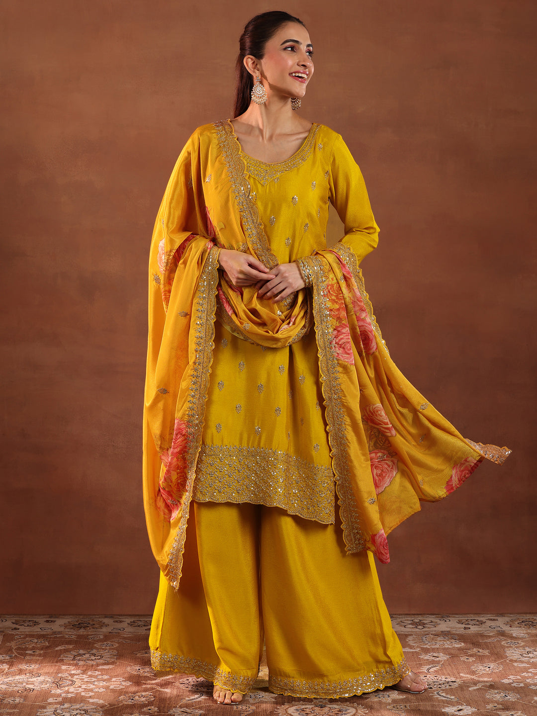 Mustard Embroidered Silk Blend Straight Suit With Dupatta