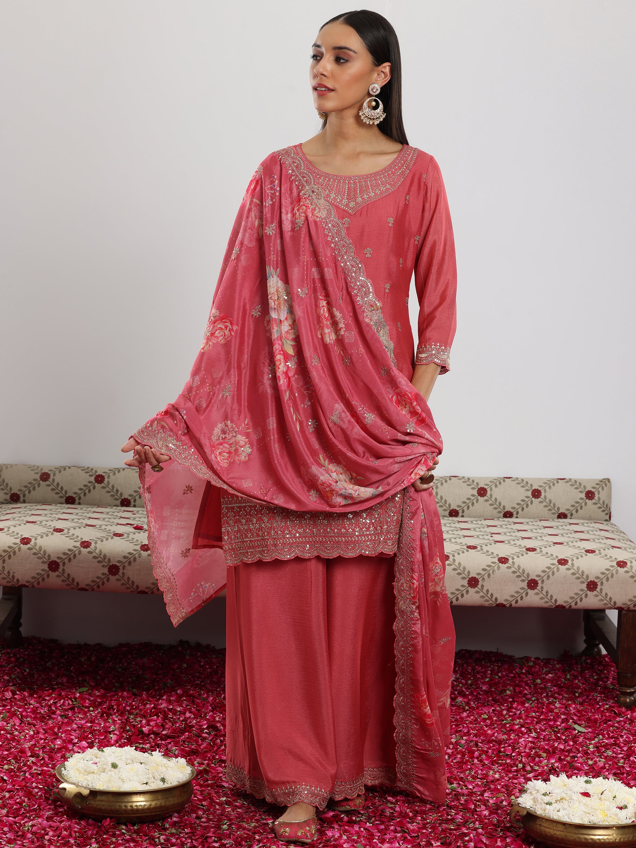 Pink Embroidered Silk Blend Straight Suit With Dupatta