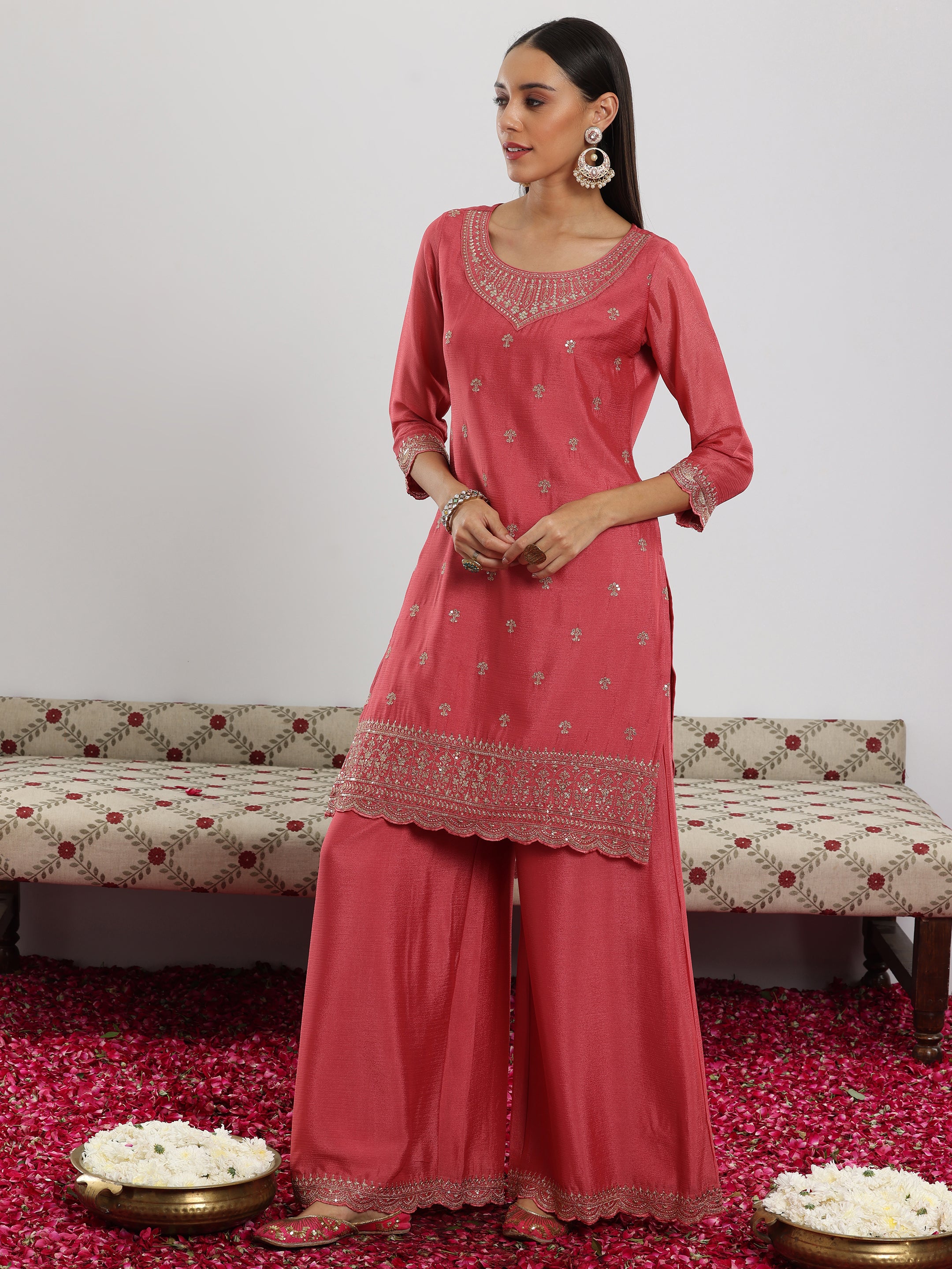 Pink Embroidered Silk Blend Straight Suit With Dupatta