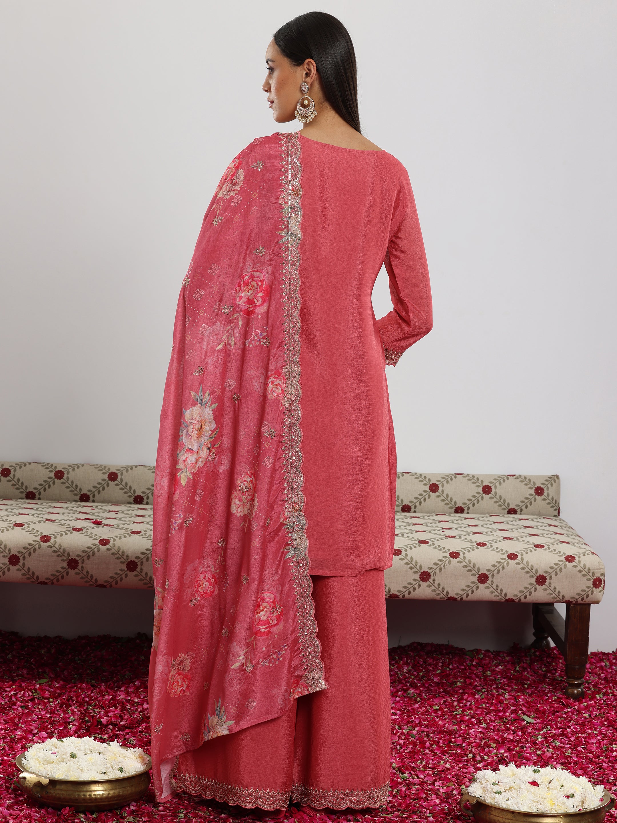 Pink Embroidered Silk Blend Straight Suit With Dupatta