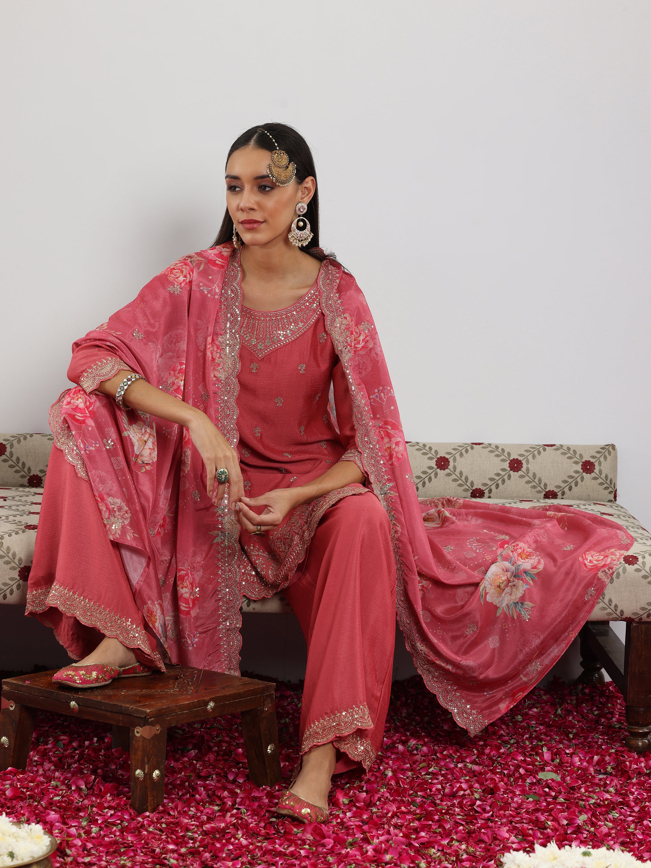 Pink Embroidered Silk Blend Straight Suit With Dupatta