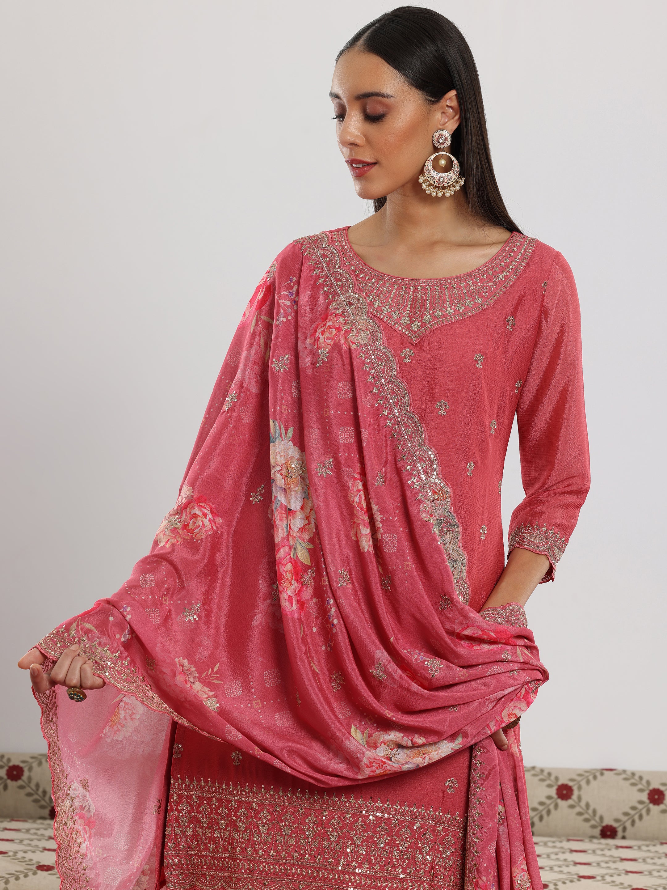 Pink Embroidered Silk Blend Straight Suit With Dupatta