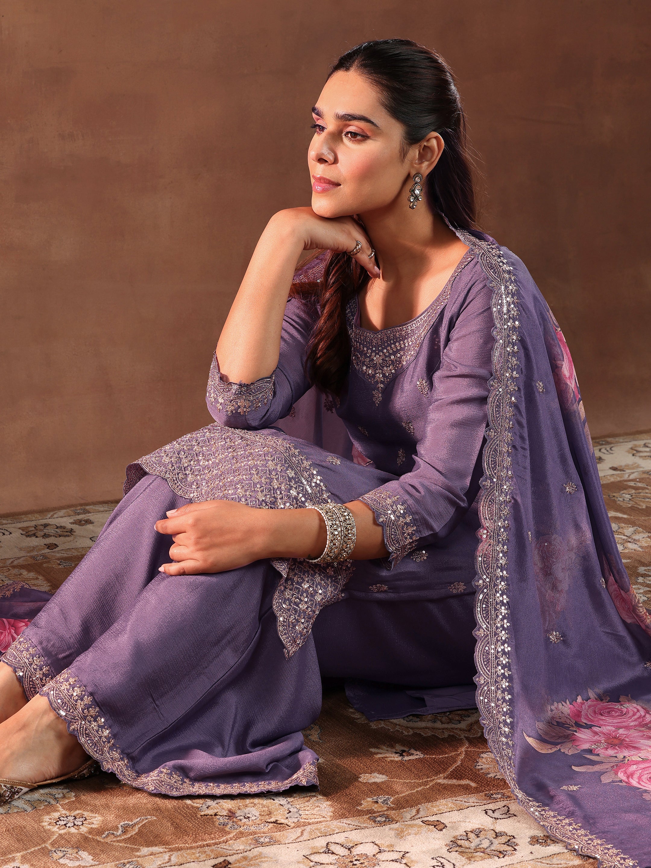 Purple Embroidered Silk Blend Straight Suit With Dupatta