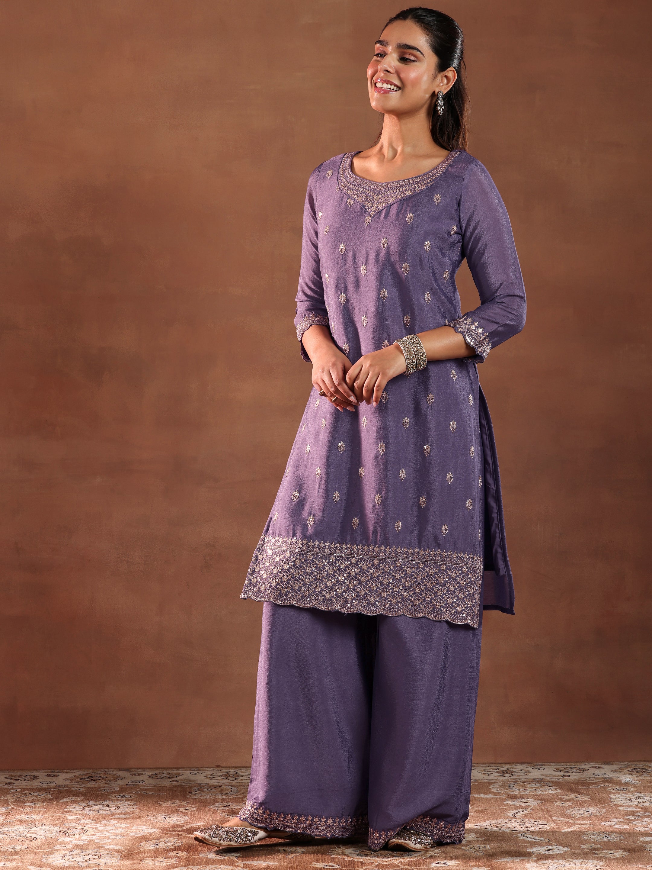 Purple Embroidered Silk Blend Straight Suit With Dupatta