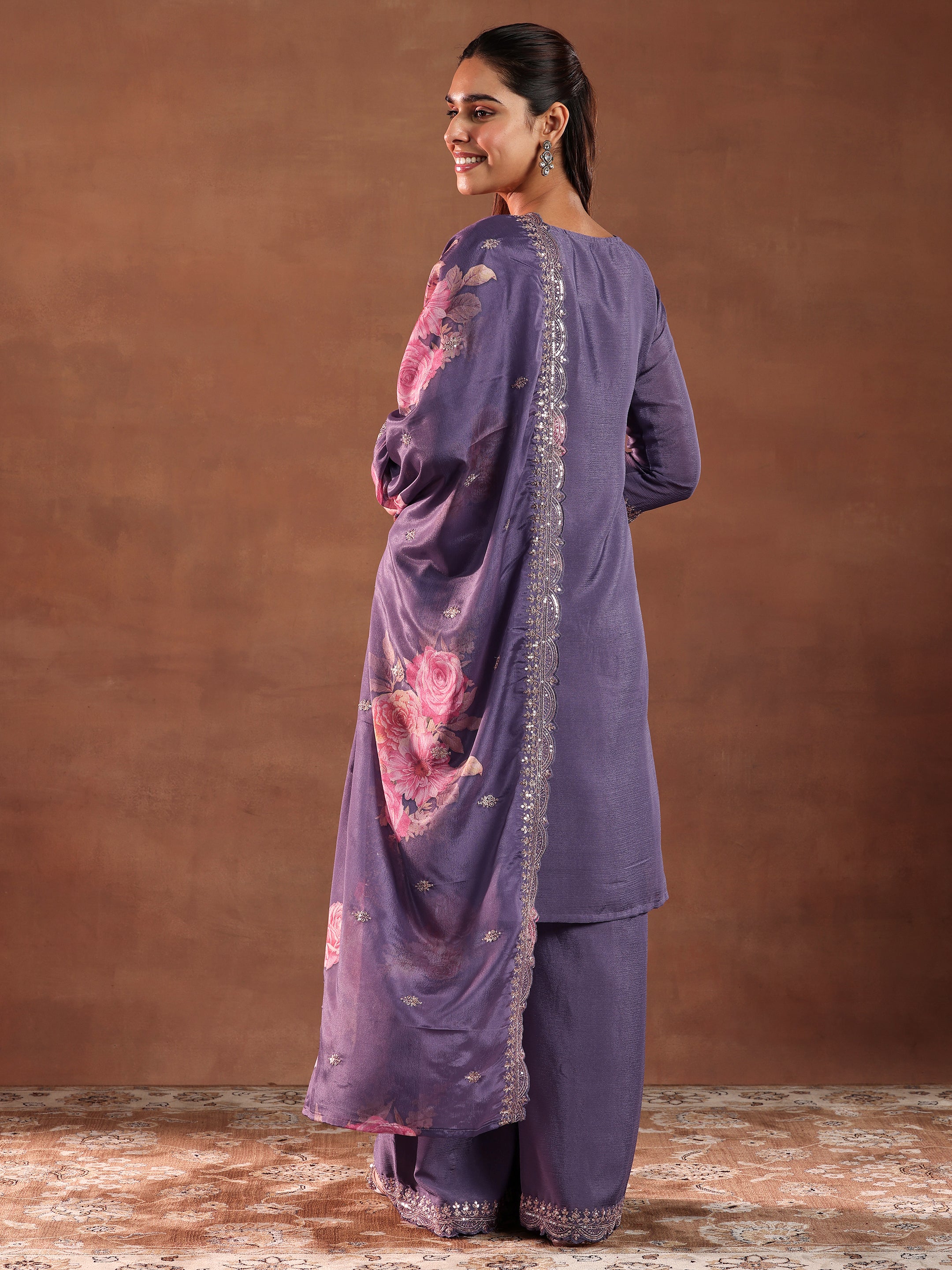 Purple Embroidered Silk Blend Straight Suit With Dupatta