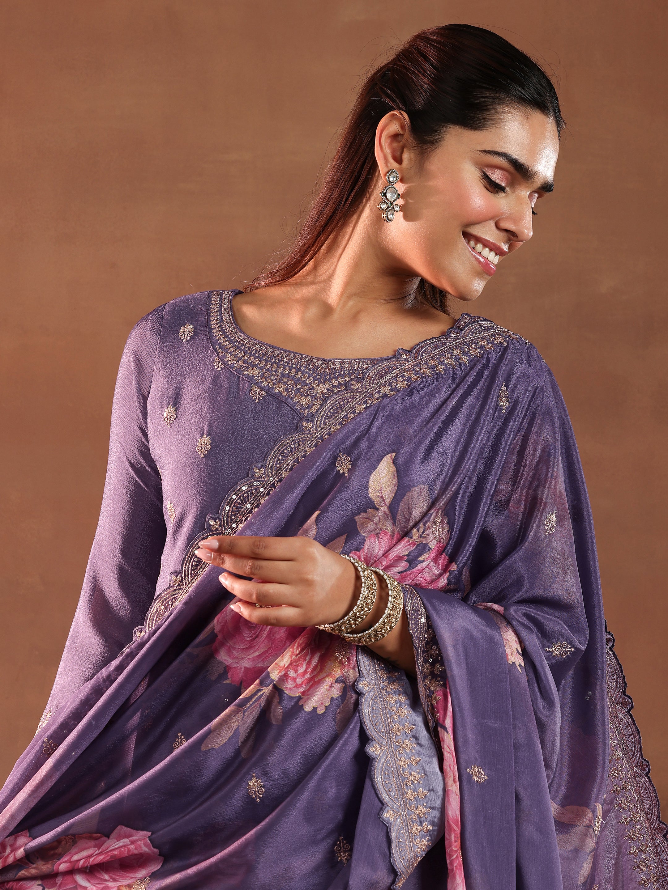 Purple Embroidered Silk Blend Straight Suit With Dupatta